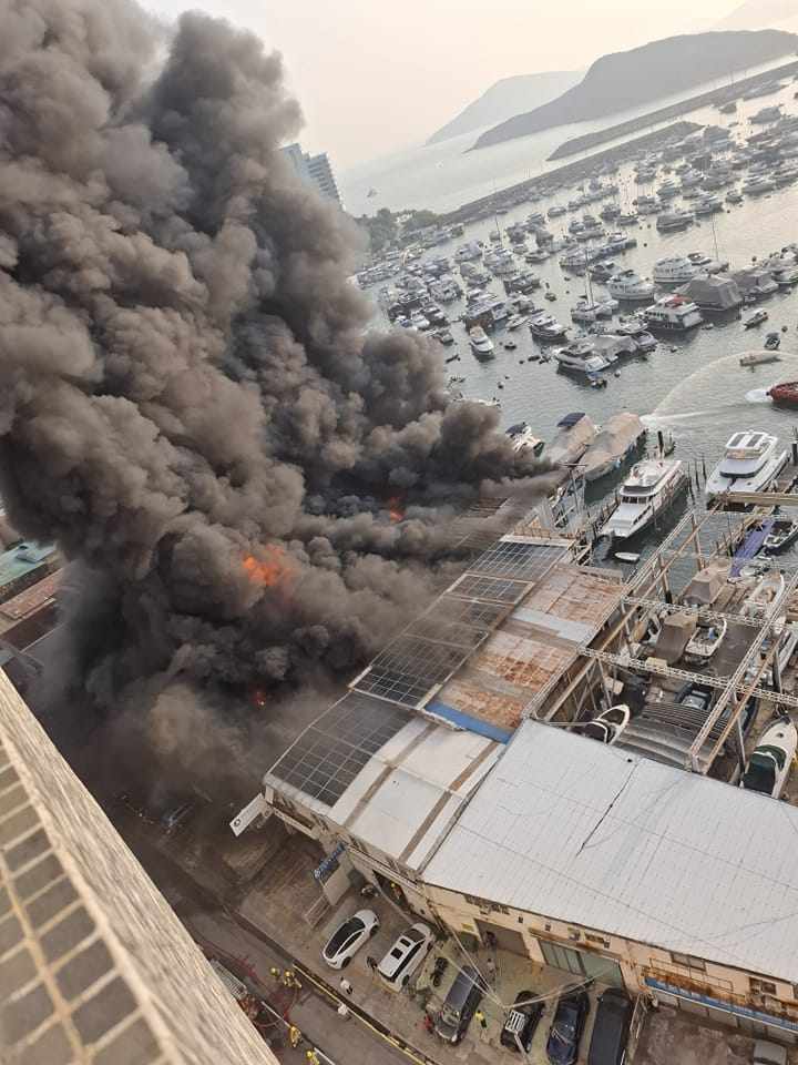 The fire escalated into a No.3 alarm within half an hour at the shipyard on Shum Wan Road at 4.11pm. Photo: Facebook / southernbuddies