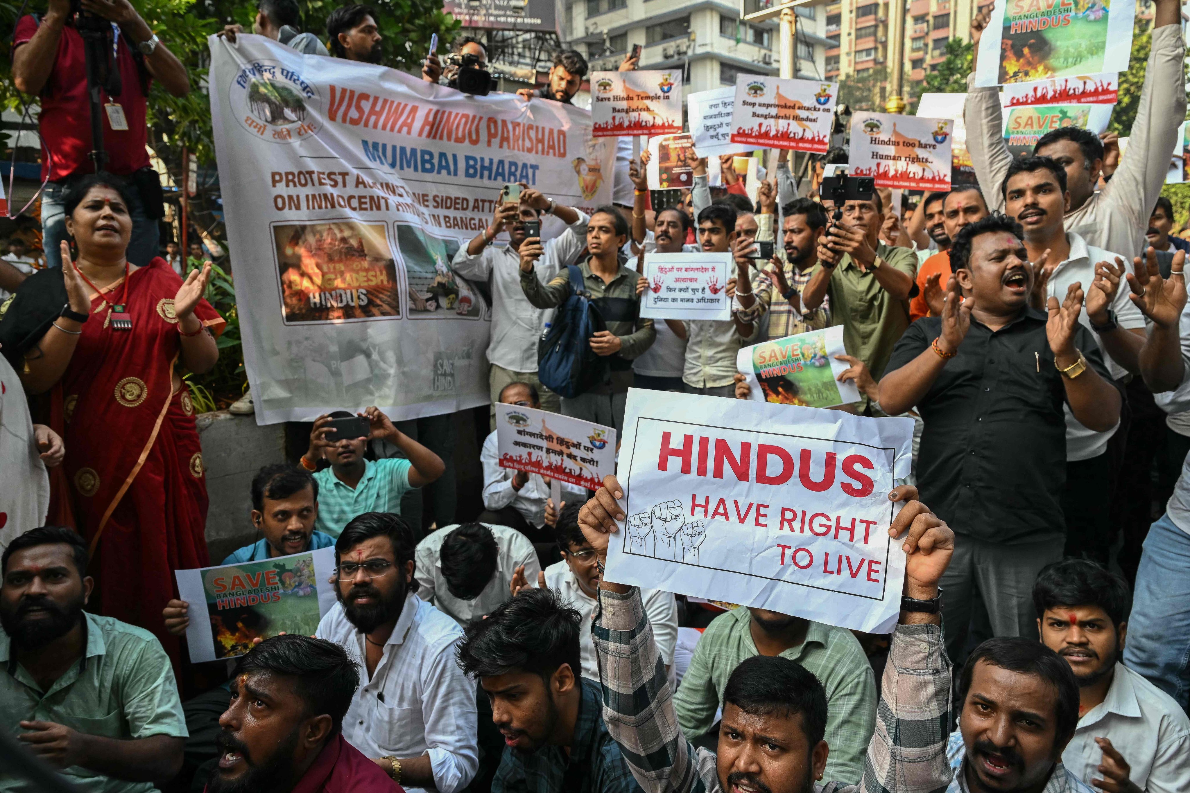 Indian Hindus take part in a protest outside the Bangladesh High Commission in Mumbai on Monday. Photo: AFP