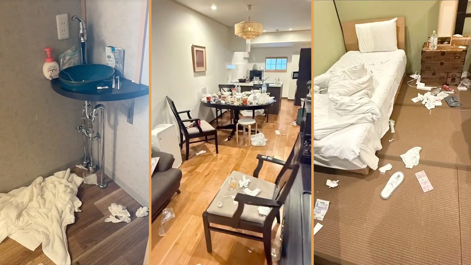 Photos shared by the blogger depict a dishevelled scene, with empty food packages and various debris strewn across the three-bedroom homestay. Photo: SCMP composite/X.com