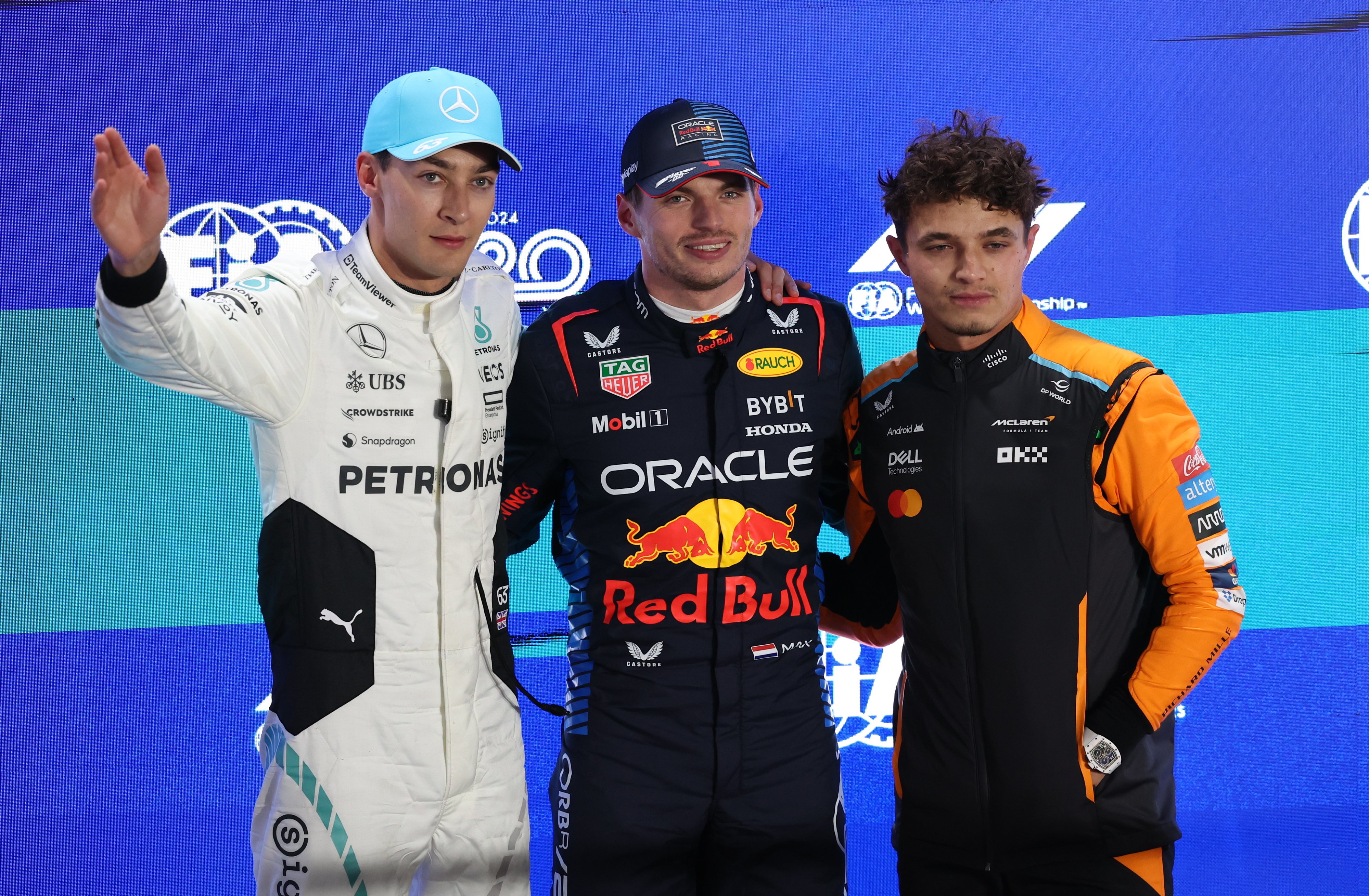 Lando Norris (right) has said no one is afraid of Max Verstappen (centre) amid the champion’s row with George Russell (left). Photo: EPA