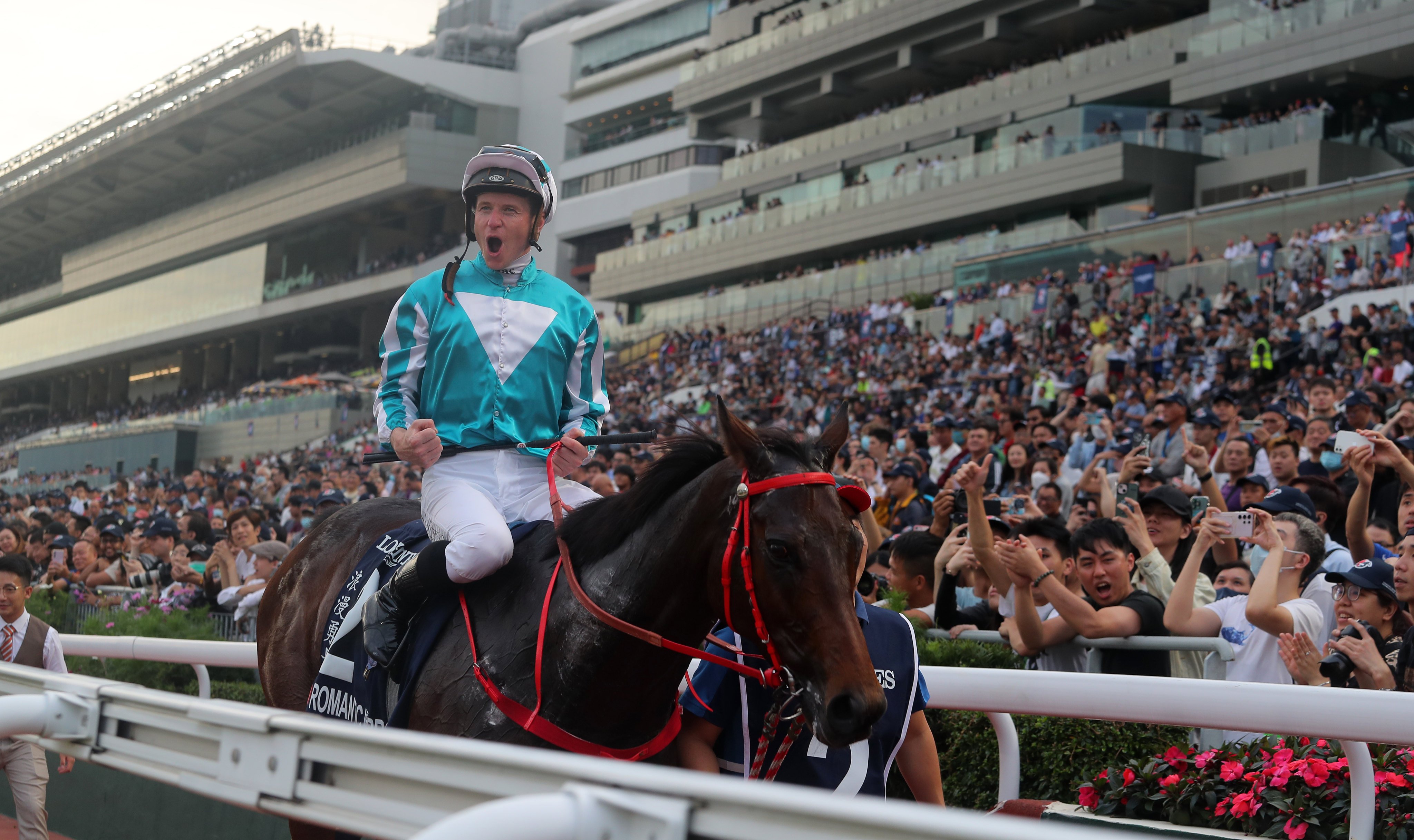 James McDonald celebrates his 2023 Hong Kong Cup win on Romantic Warrior. Photos: Kenneth Chan