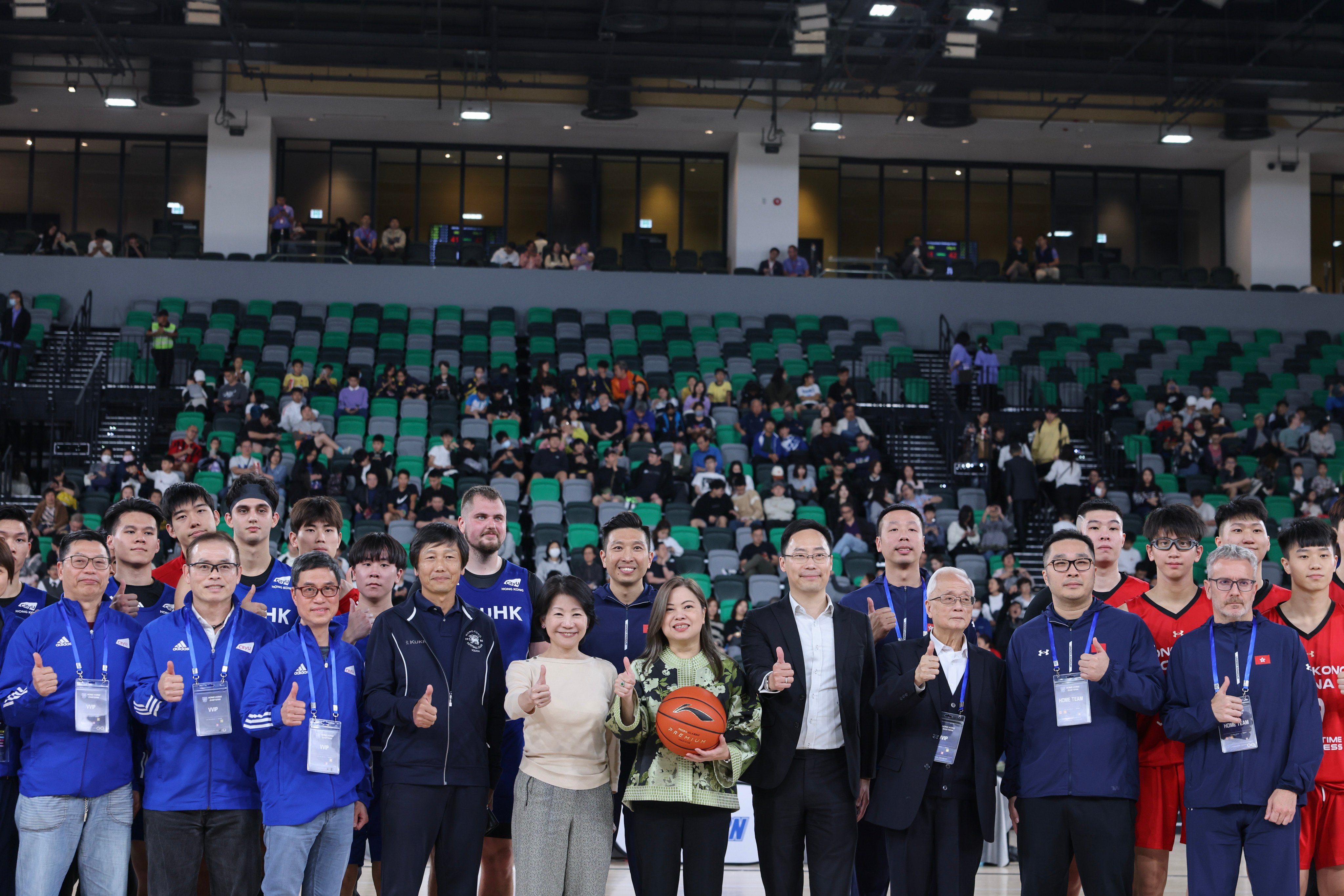 Secretary for Culture, Sports, and Tourism Rosanna Law Shuk-pui (centre) inspects the basketball test event at Kai Tak Arena. Photo: Nora Tam