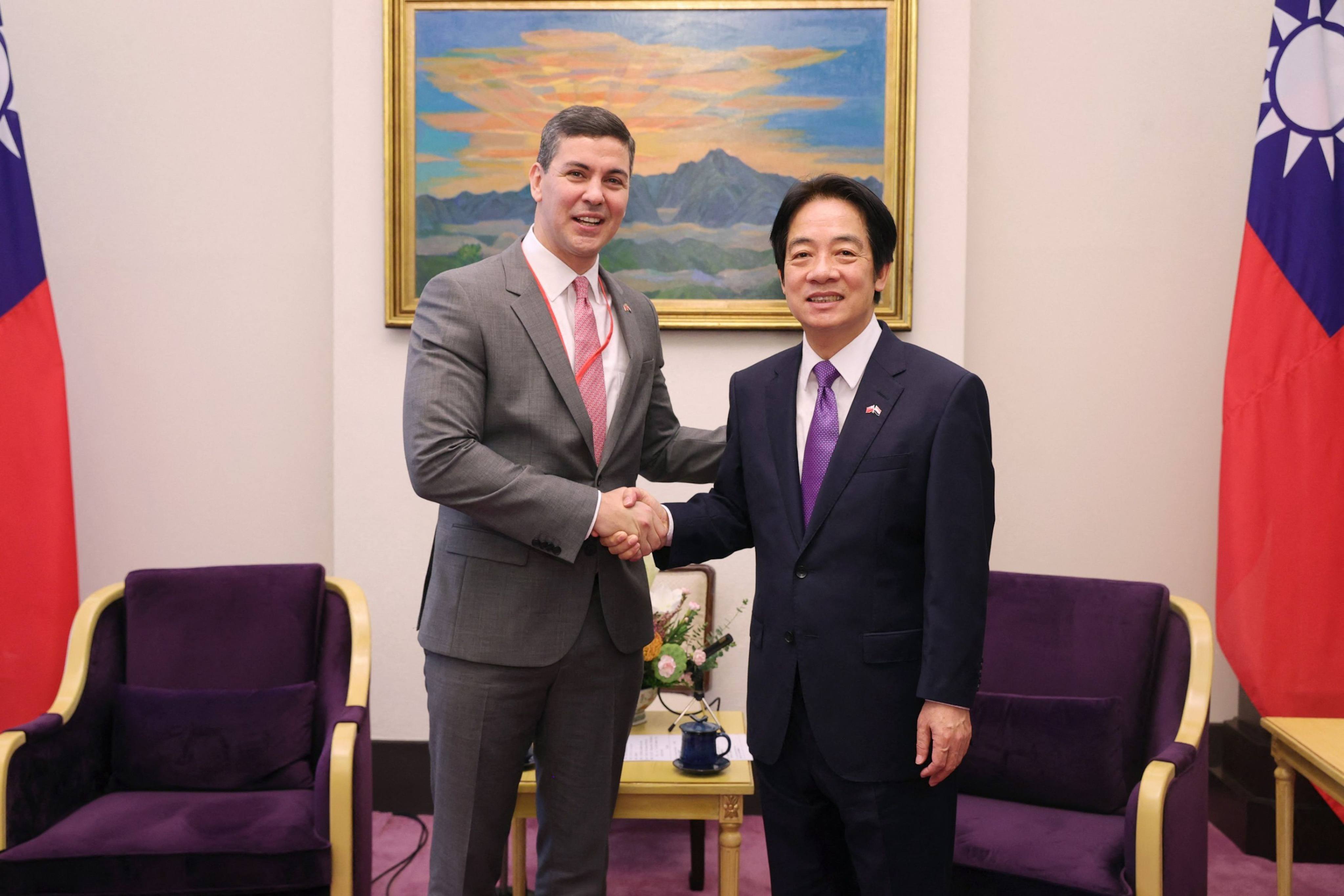 A meeting in Taipei on July 12, 2023, between Paraguay’s president-elect Santiago Pena and William Lai Ching-te, then Taiwan’s vice-president. Paraguay has expelled a Chinese diplomat for urging Paraguayan legislators to sever ties to Taiwan. Photo: Taiwan’s Presidential Office  via AFP 