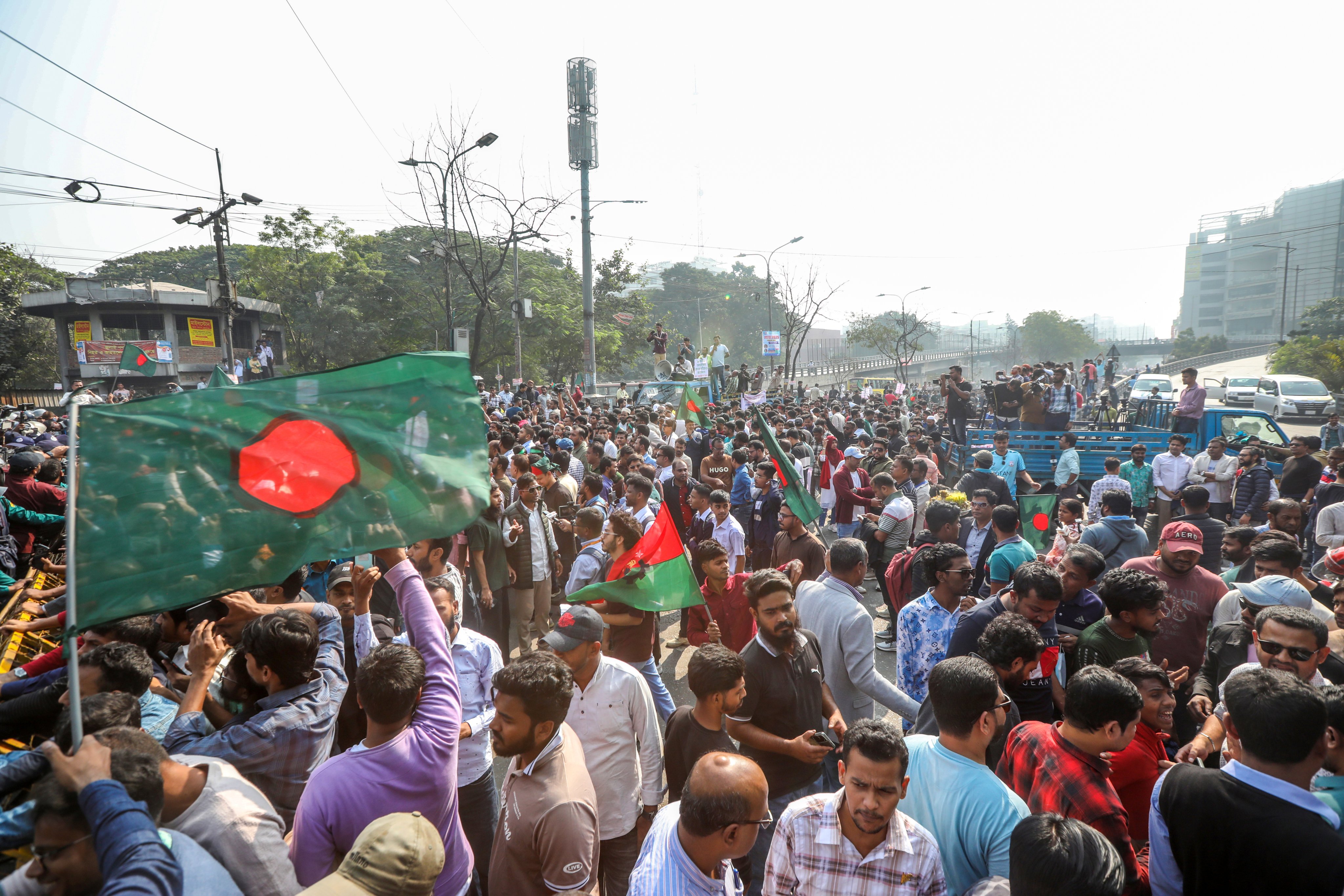 Supporters of the Bangladesh Nationalist Party (BNP) attend a march against India as they submit a memorandum at the Indian High Commission in Dhaka, Bangladesh, on Sunday. Photo: EPA-EFE