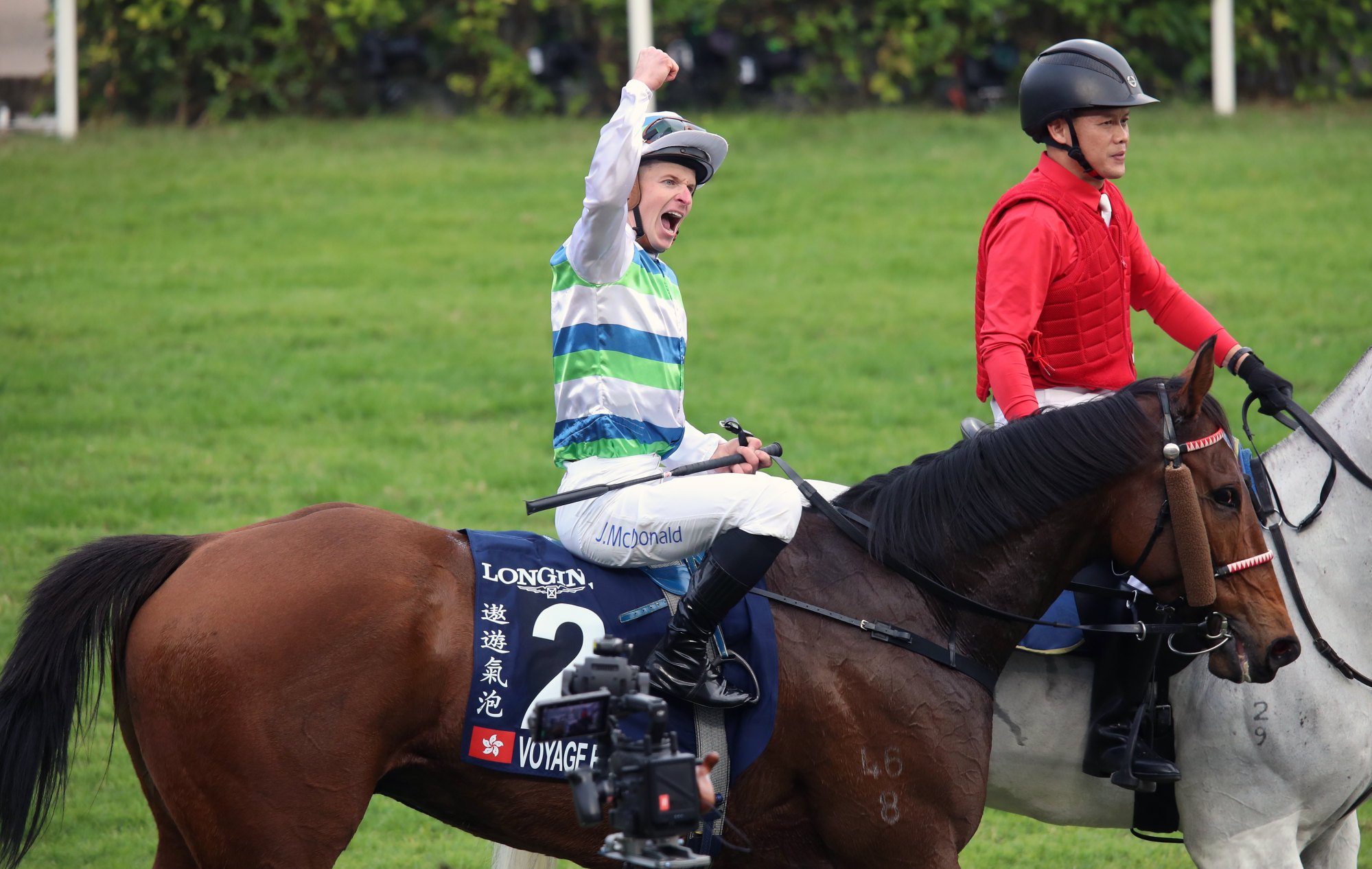 James McDonald roars to the crowd after Voyage Bubble’s victory.