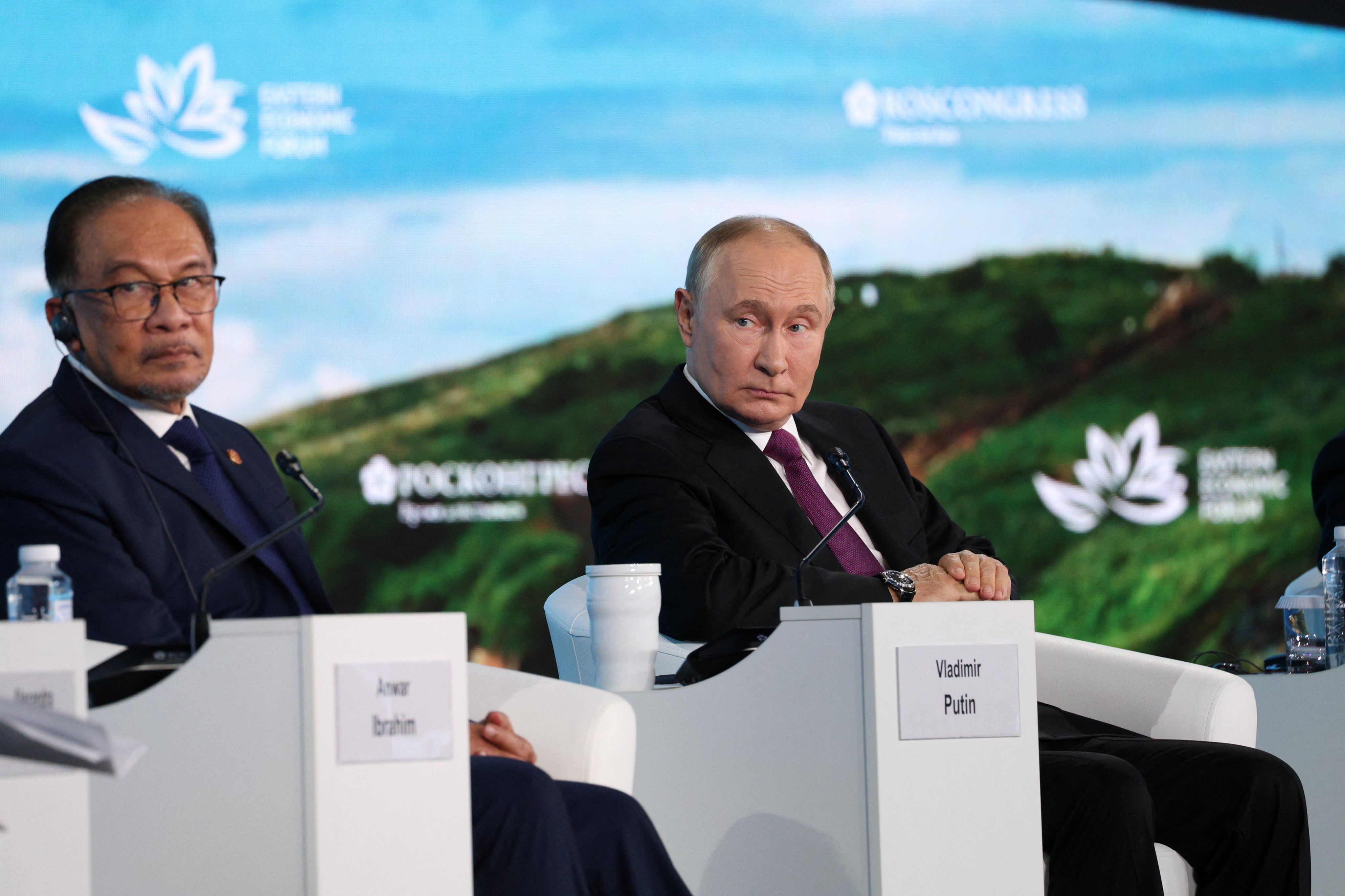 Malaysian Prime Minister Anwar Ibrahim and Russian President Vladimir Putin sit next to each other at the Eastern Economic Forum in Vladivostok, Russia, on September 5. Photo: Roscongress Foundation via Reuters