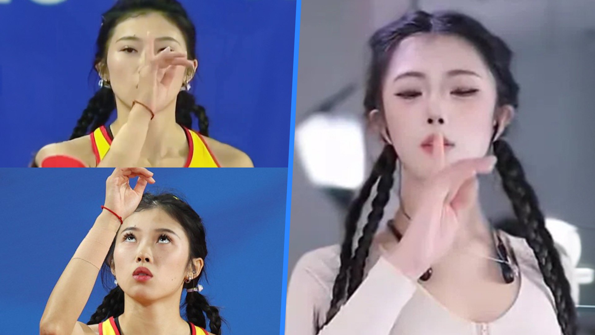 A Chinese KOL (right) provocatively mimics national athlete Wu Yanni, top left and bottom, in a video, igniting debate over the objectification of female athletes. Photo: SCMP composite/Douyin/Ifeng News