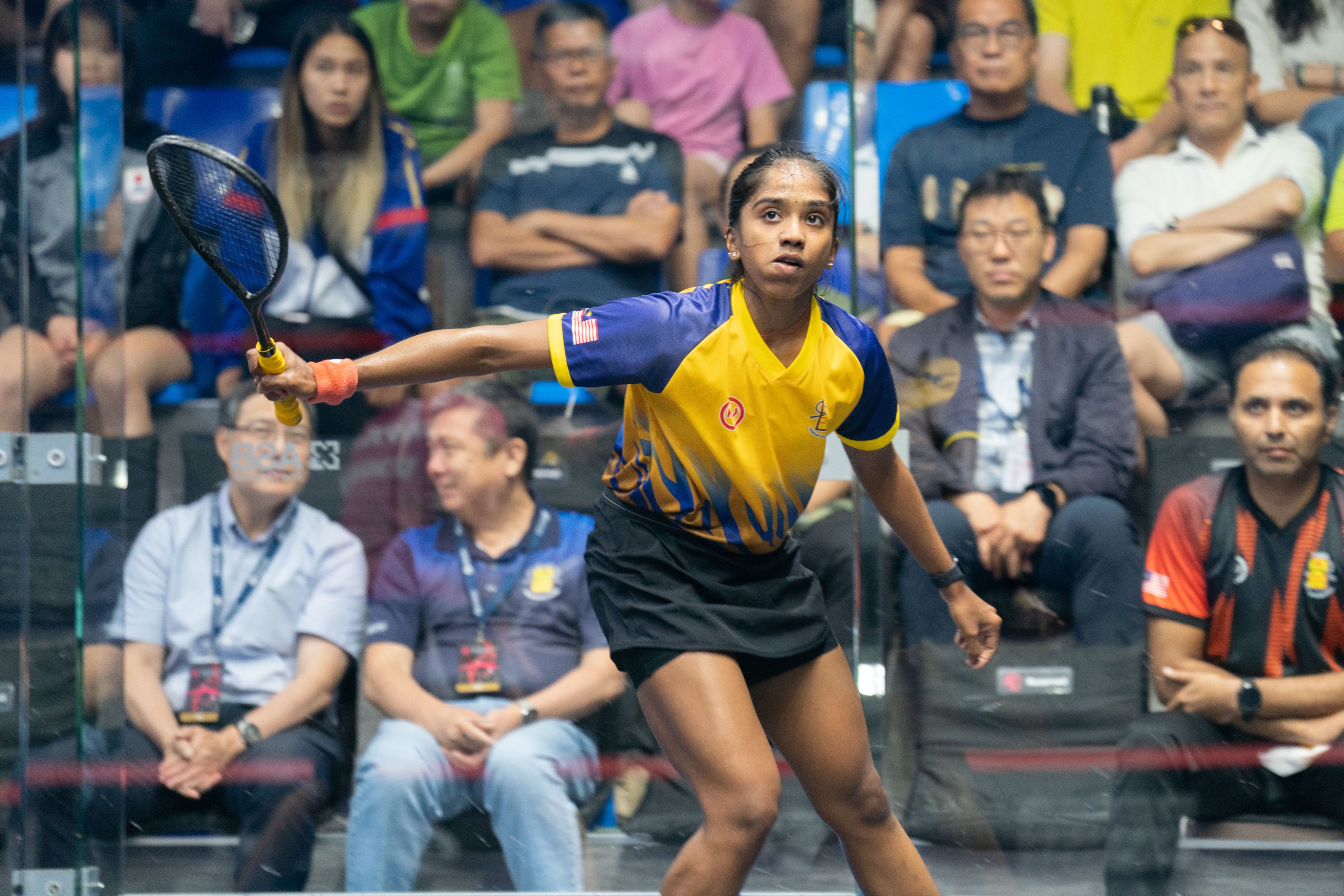 Malaysia’s Sivasangari Subramaniam of Malaysi in action during the semi-finals at the 2023 Asian Squash Championships. Photo: Panda Man