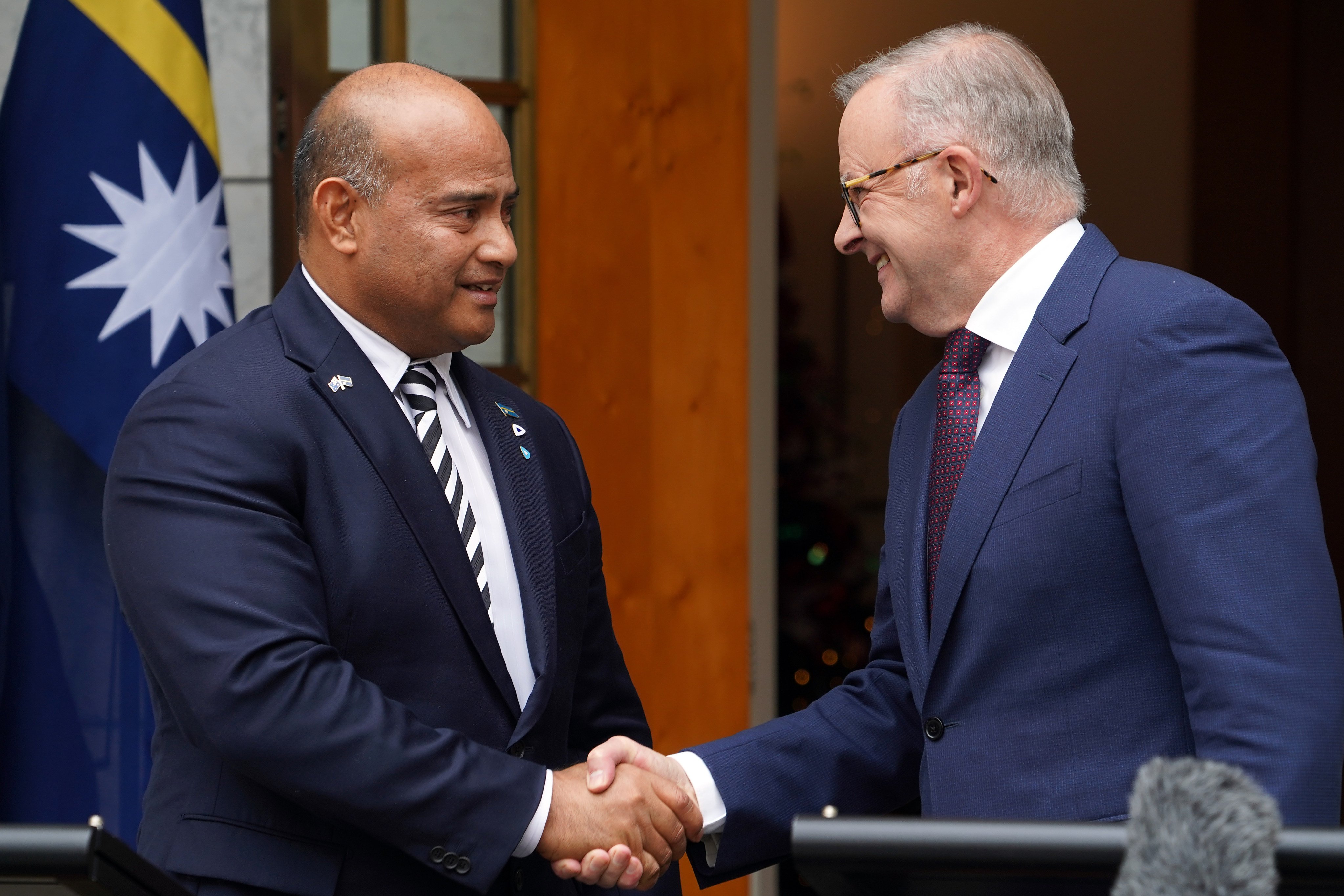 Nauru President David Adeang (left) shakes hands with Australian Prime Minister Anthony Albanese at Parliament House in Canberra on Monday. Photo: AAP/dpa