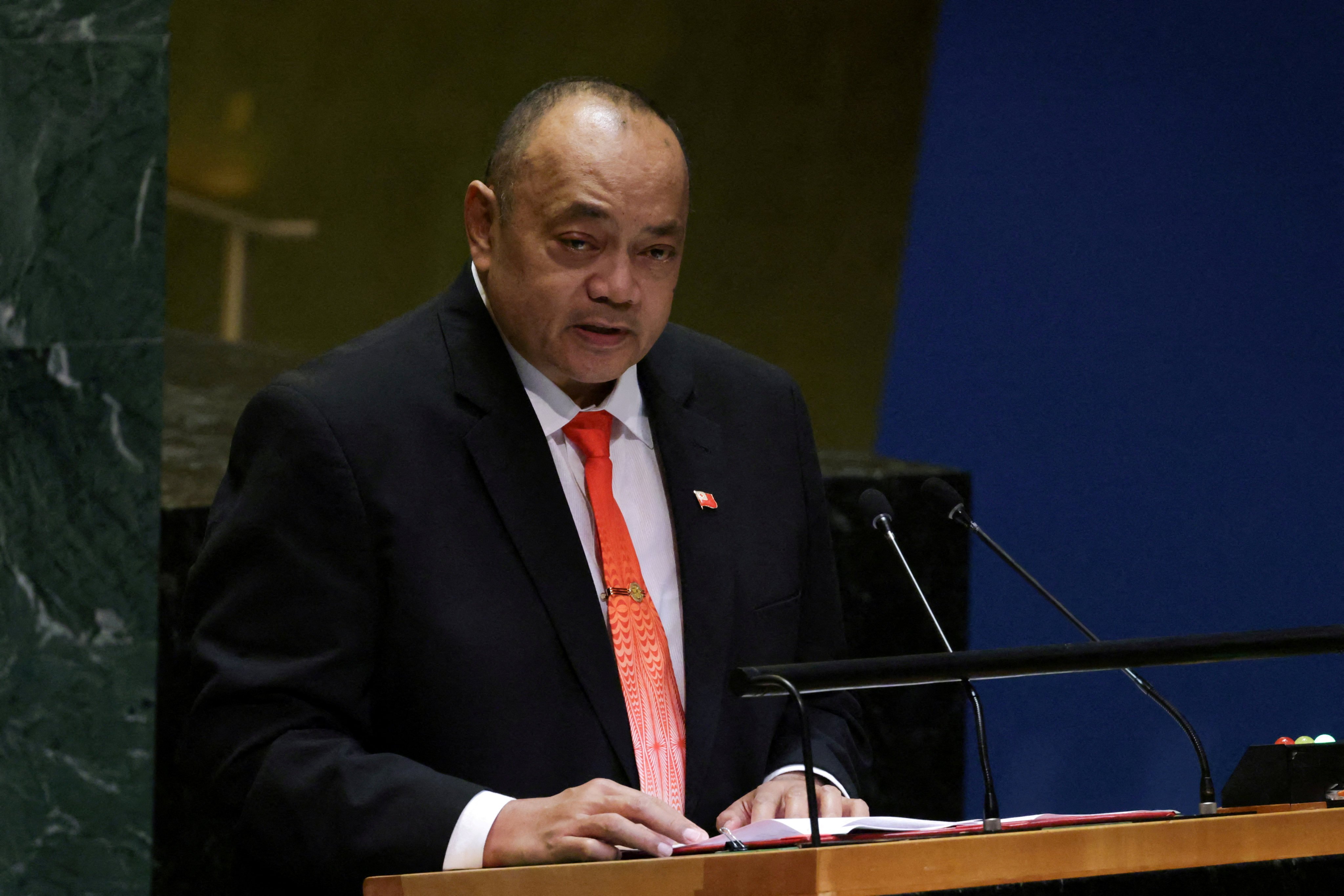 Tonga’s Prime Minister Siaosi ‘Ofakivahafolau Sovaleni addresses the United Nations General Assembly in September. Photo: Reuters