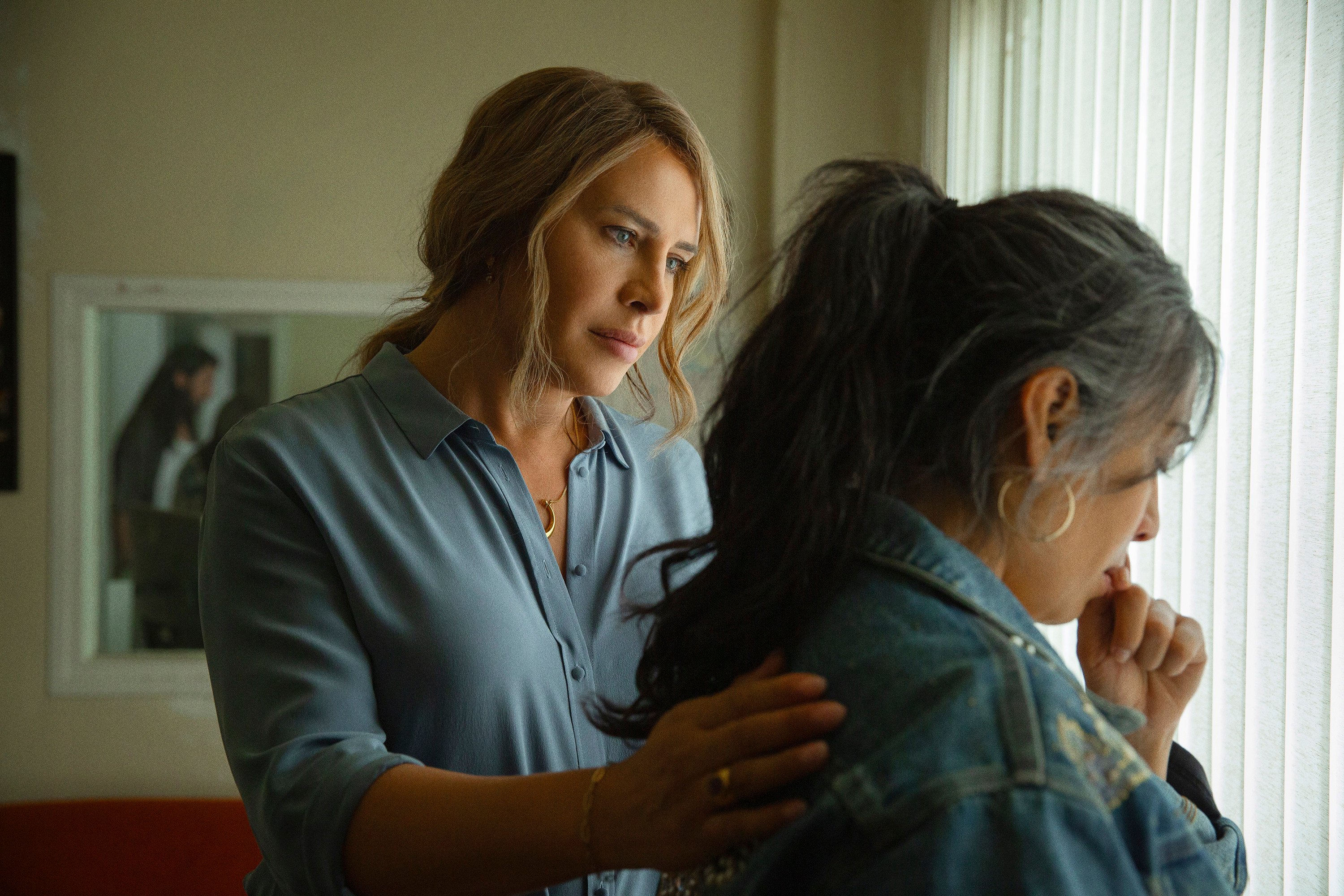 Karla Sofia Gascon left, and Adriana Paz in a scene from “Emilia Perez”: Photo: Netflix via AP