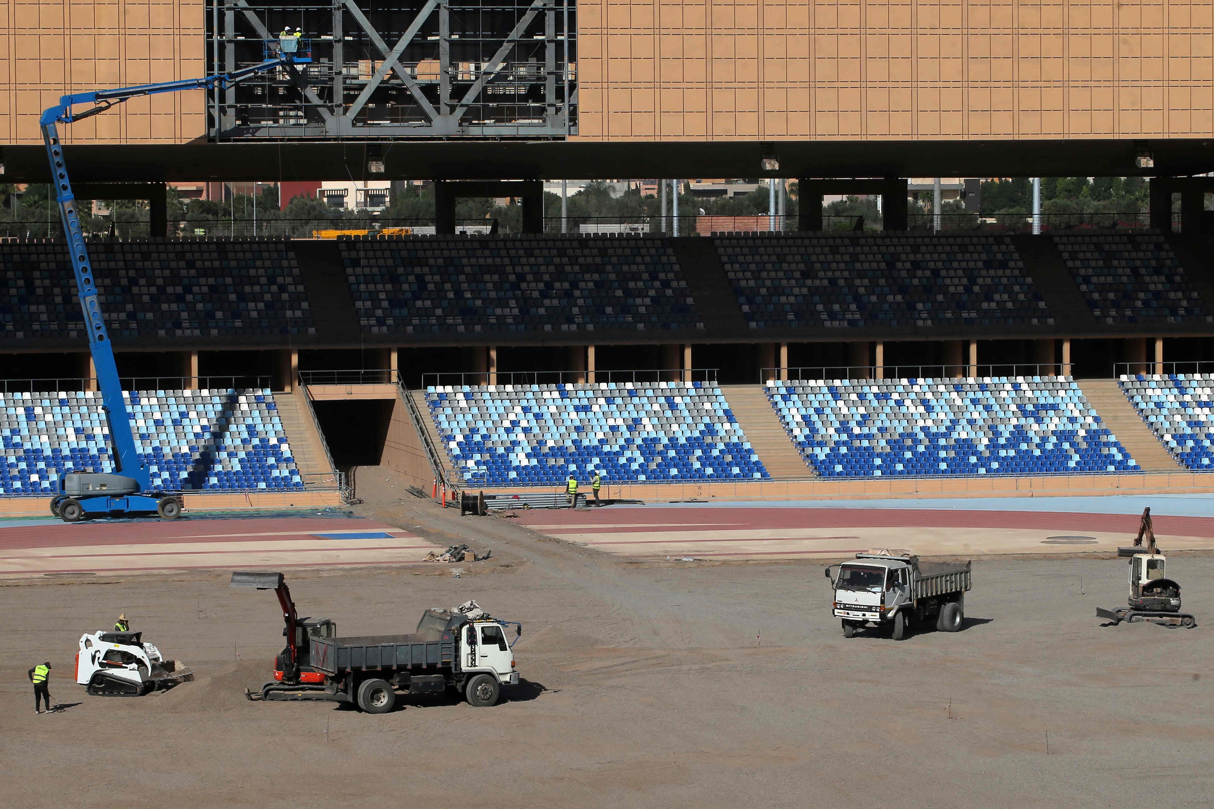 Construction workers at work at Morocco’s Marrakesh Stadium, one of several venues proposed for use at the 2030 Fifa World Cup. Photo: AFP