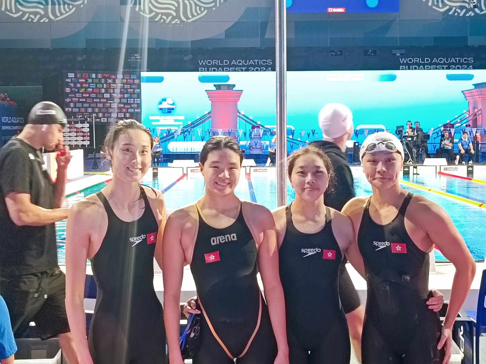 From left, Karen Tam, Gilaine Ma, Ng Lai-wa and Li Sum-yiu set a Hong Kong record of three minutes and 39.67 seconds in the women’s 4x100m freestyle relay. Photo: Handout