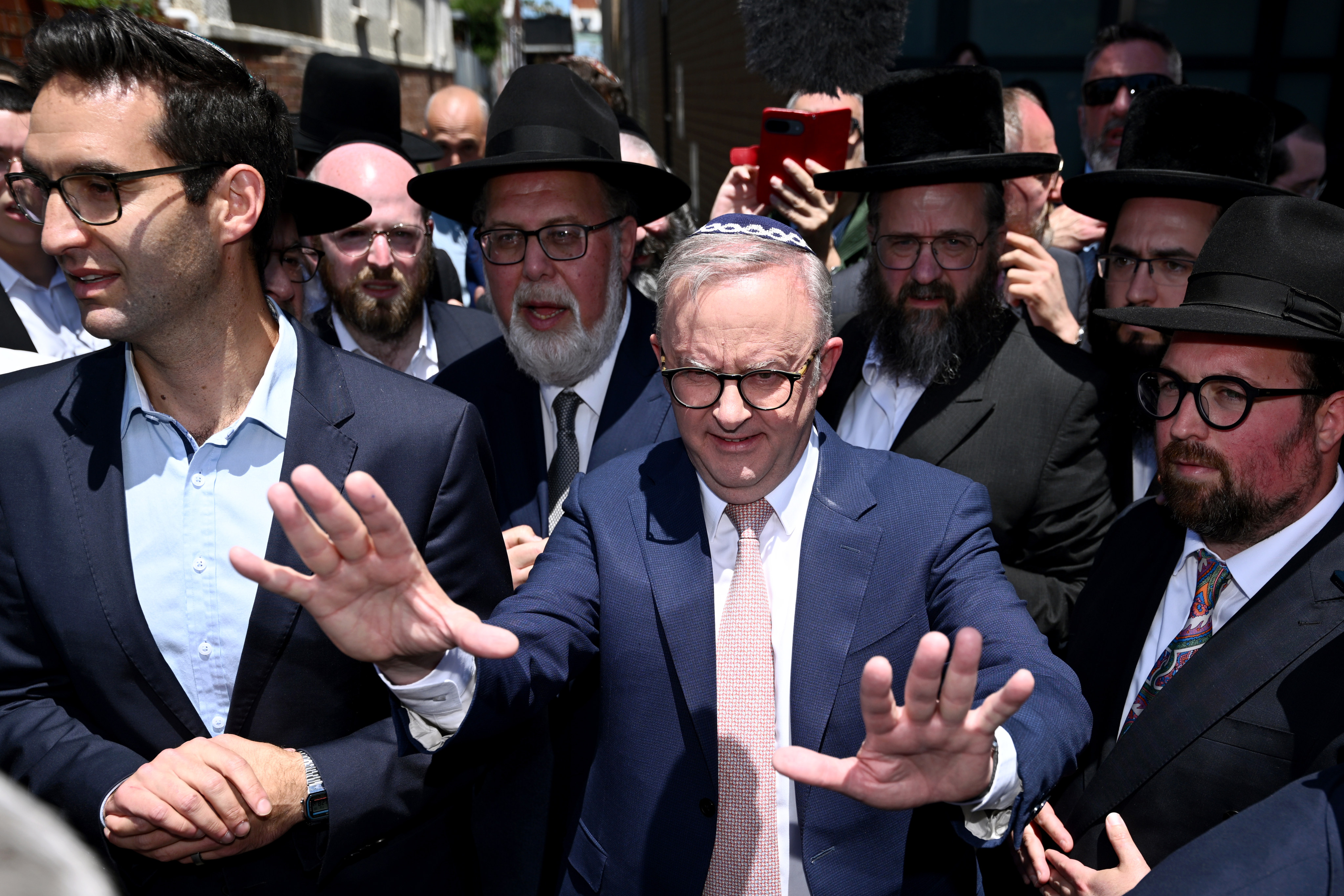 Australian Prime Minister Anthony Albanese visits the Adass Israel Synagogue in Melbourne on Tuesday after it was hit by an arson attack. Photo: dpa