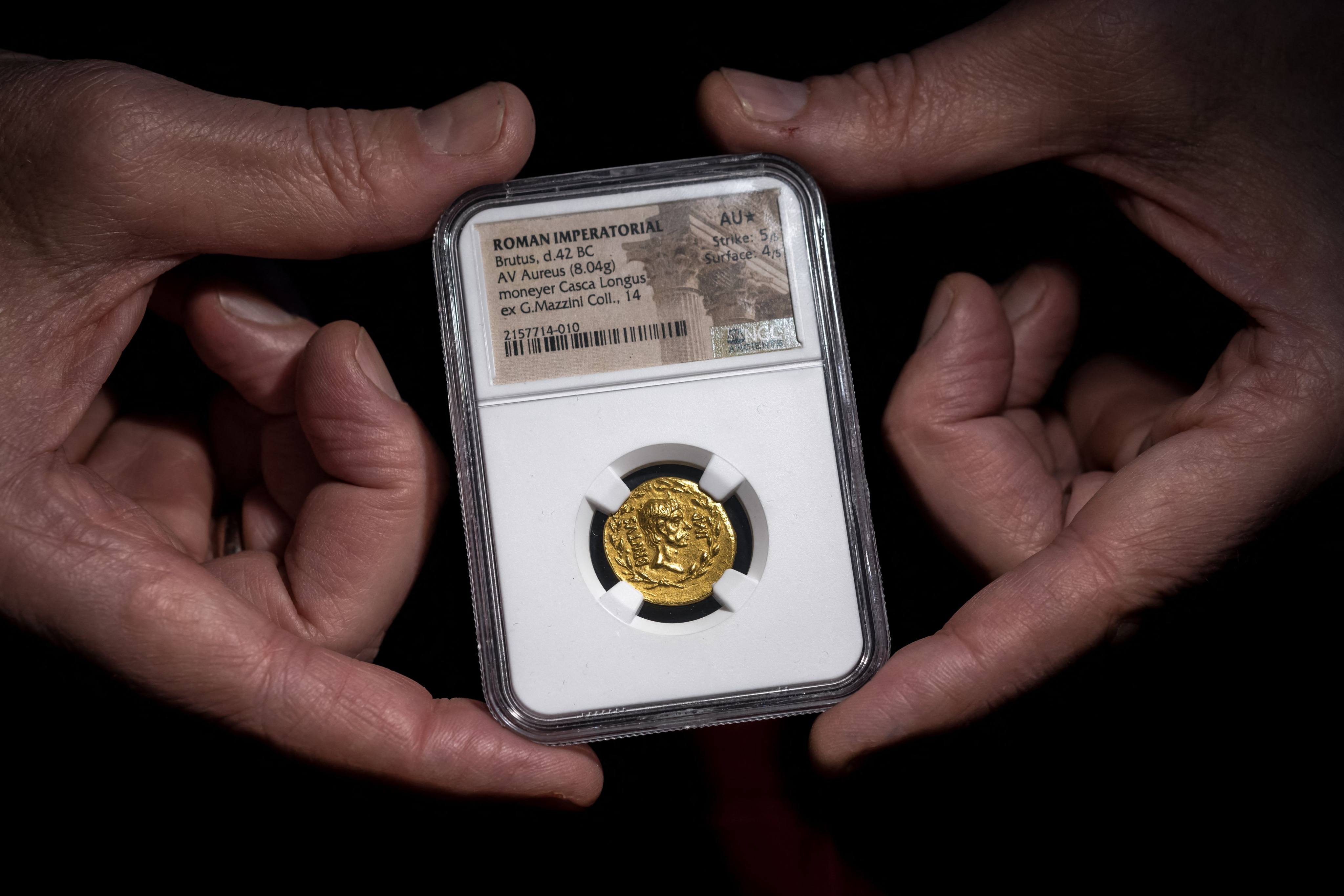 A rare Roman gold coin is displayed at the Numismatica Genevensis (NGSA) auction house in Geneva. Photo: AFP