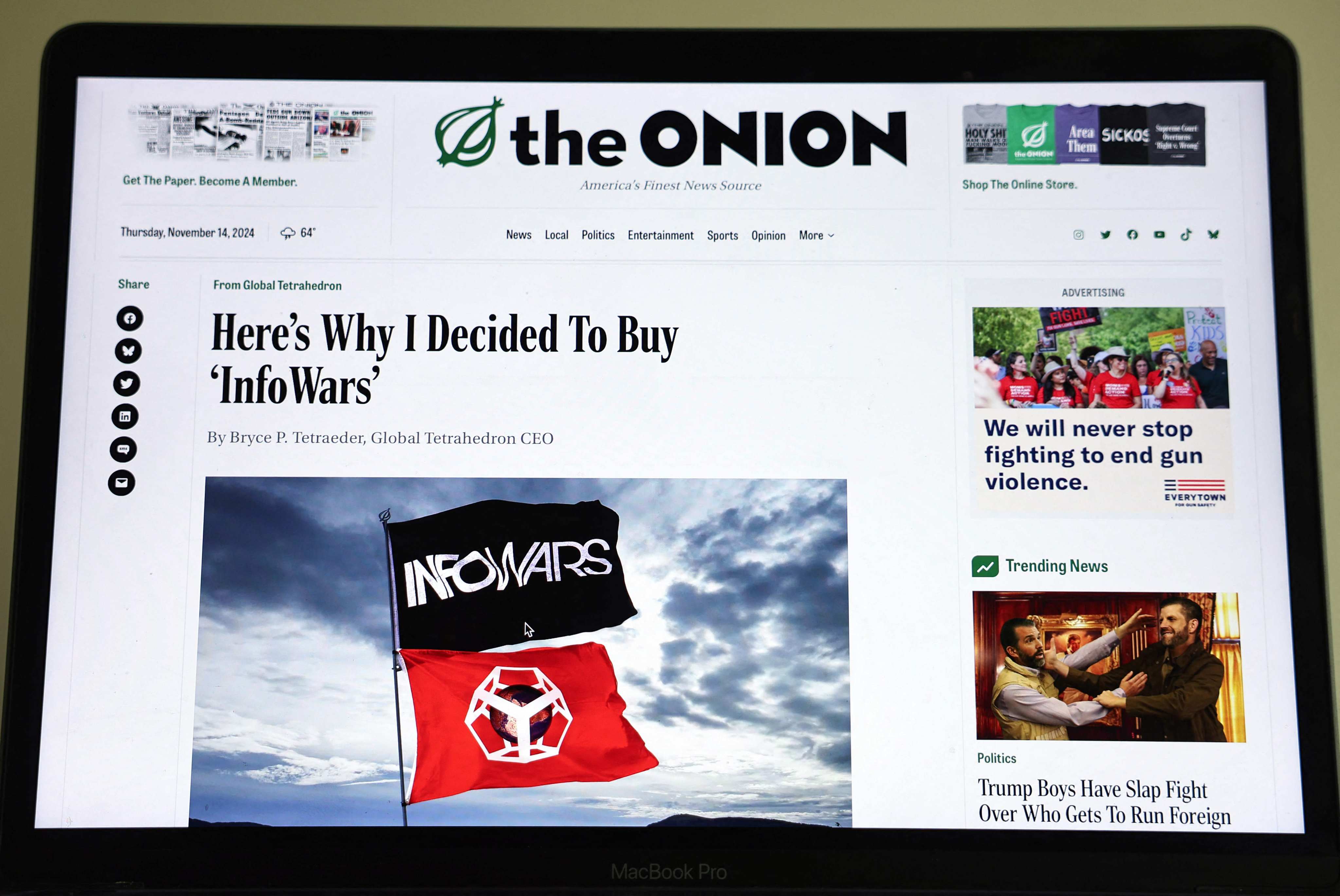 The Onion website reporting on the purchase in November. Photo: AFP