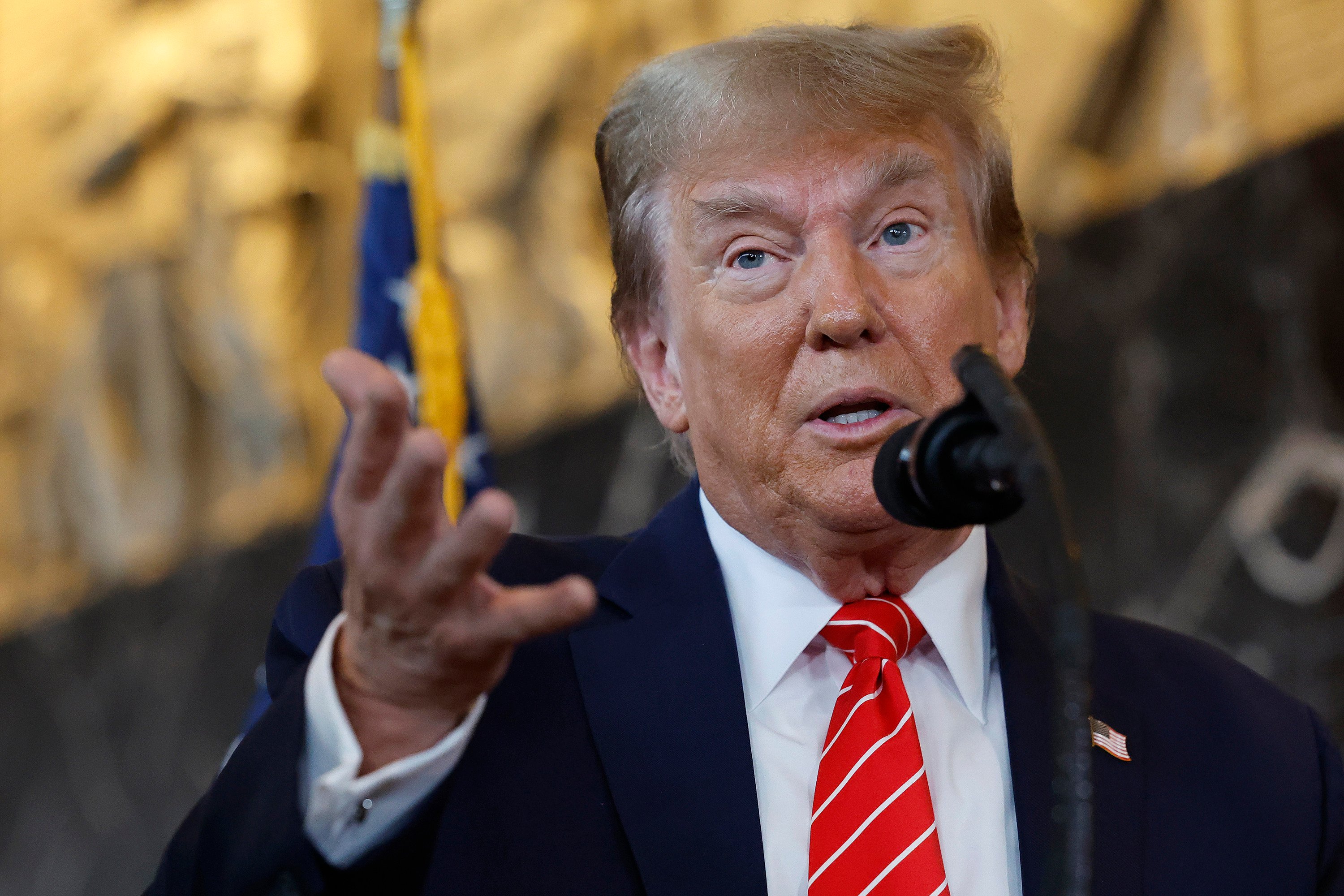 Donald Trump talks to reporters at the International Brotherhood of Teamsters headquarters in Washington in January. Photo: TNS