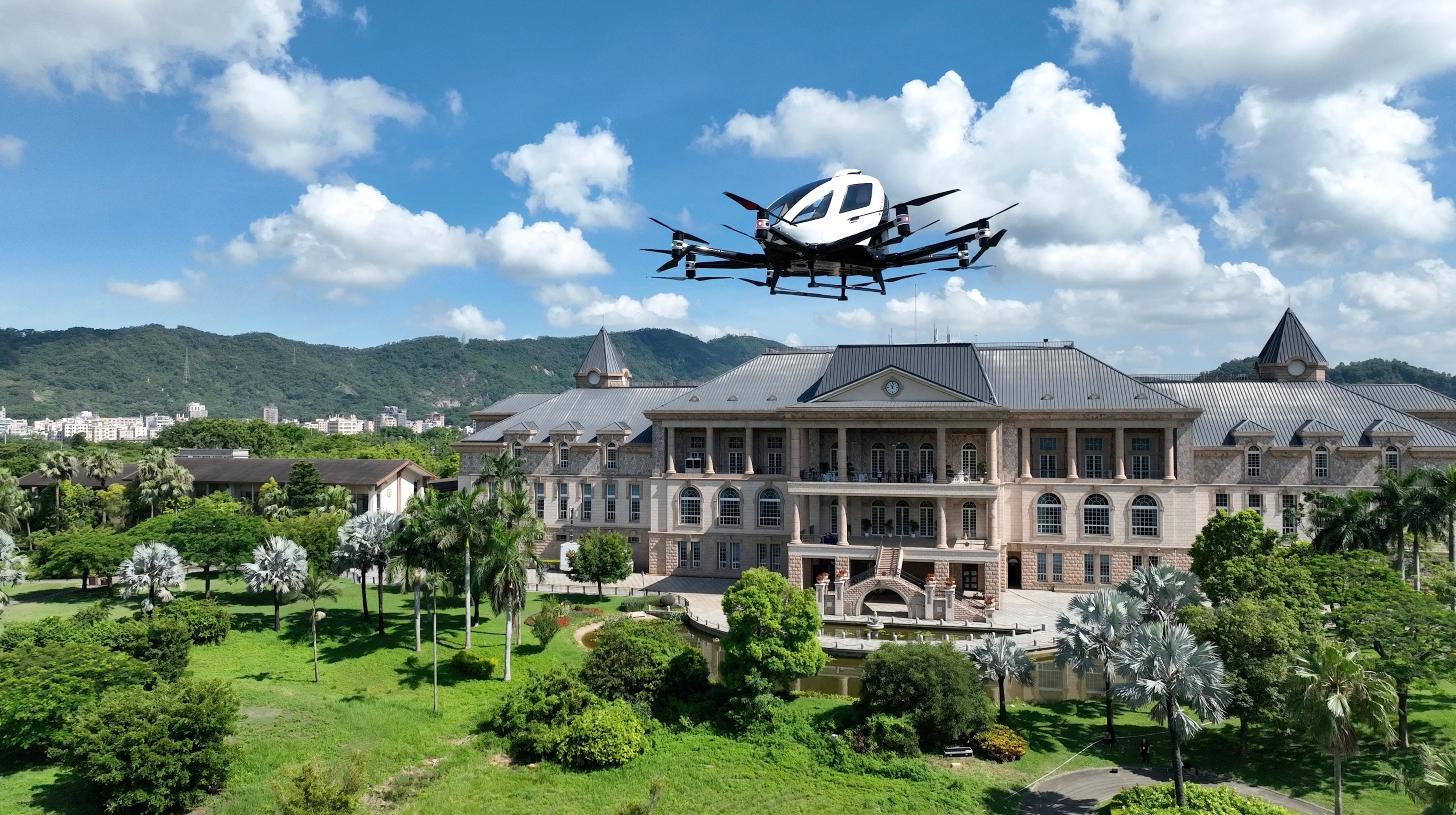 A two-passenger eVTOL multicopter, the EH216-S, conducts a demonstration flight in Shenzhen, where “bold capital” is being encouraged to elevate innovation and economic growth. Photo: Handout