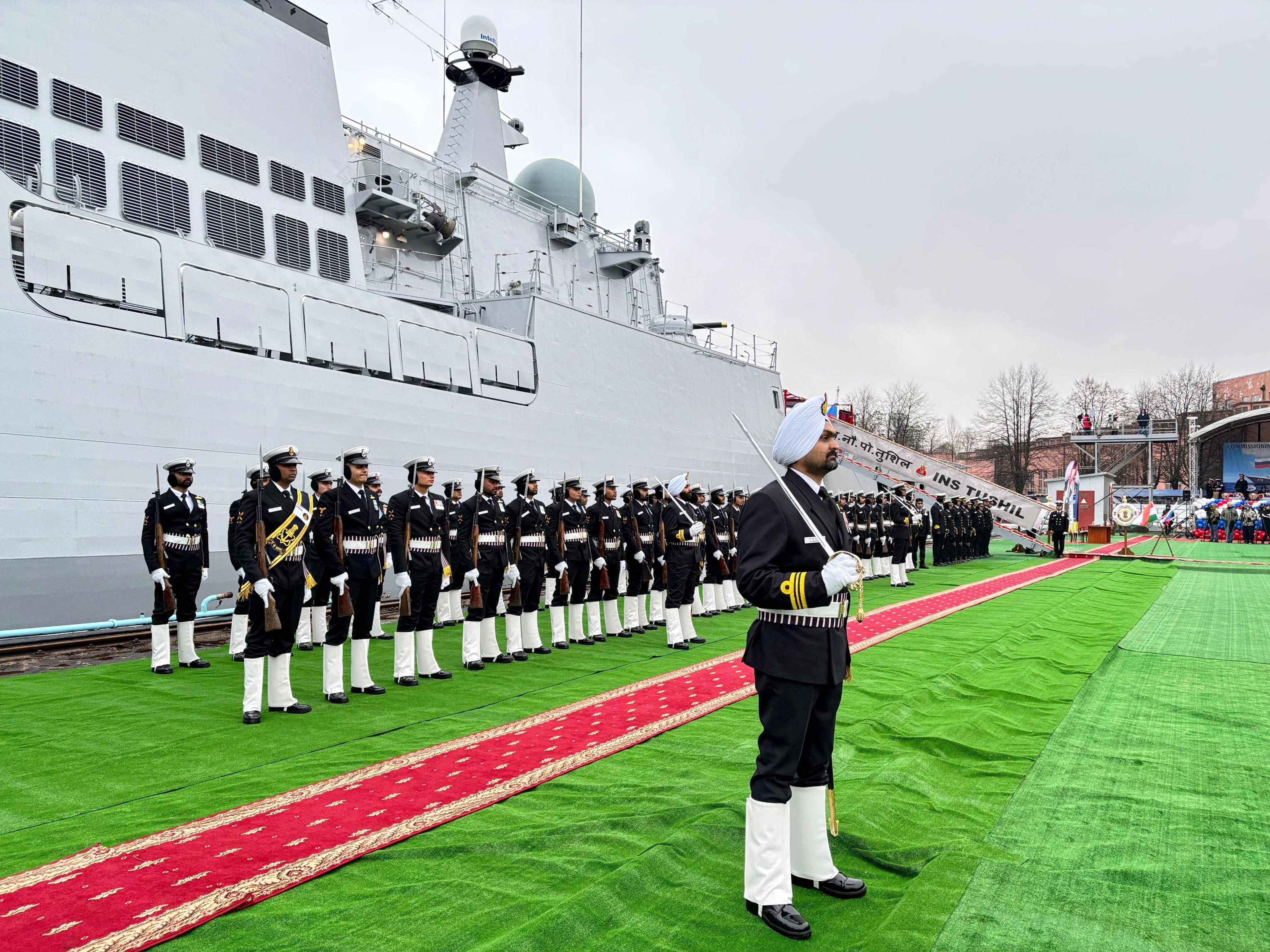 Indian Navy personnel gathered during the commissioning ceremony of India’s latest multi-role stealth guided missile frigate INS Tushil, in the Baltic port of Kaliningrad. Photo: India’s Ministry of Defence/AFP