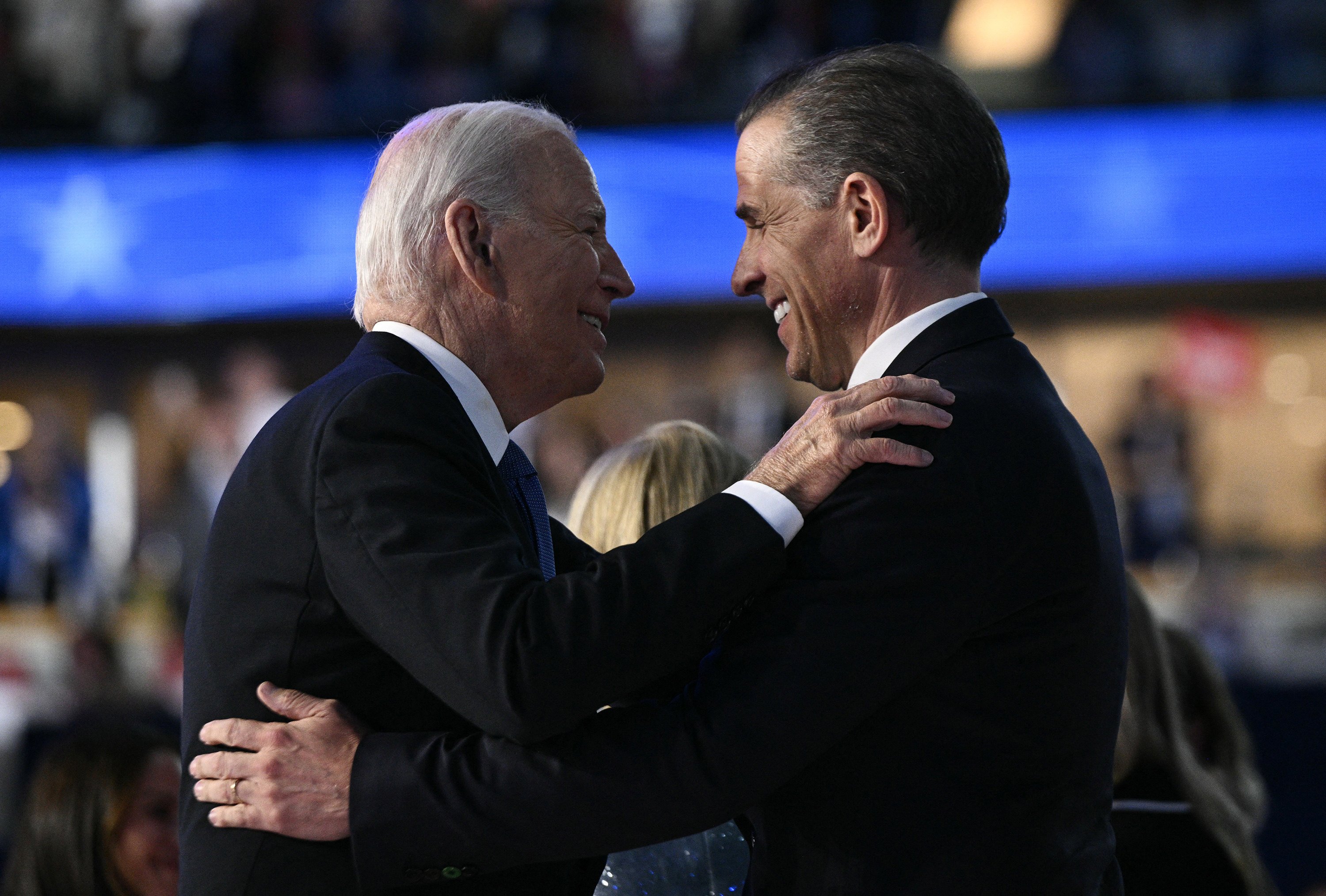 Joe Biden and his son Hunter Biden hug on stage at the Democratic National Convention in August 2024. The US president gave his son a full pardon to spare him imprisonment. Photo: AFP/Getty Images/TNS