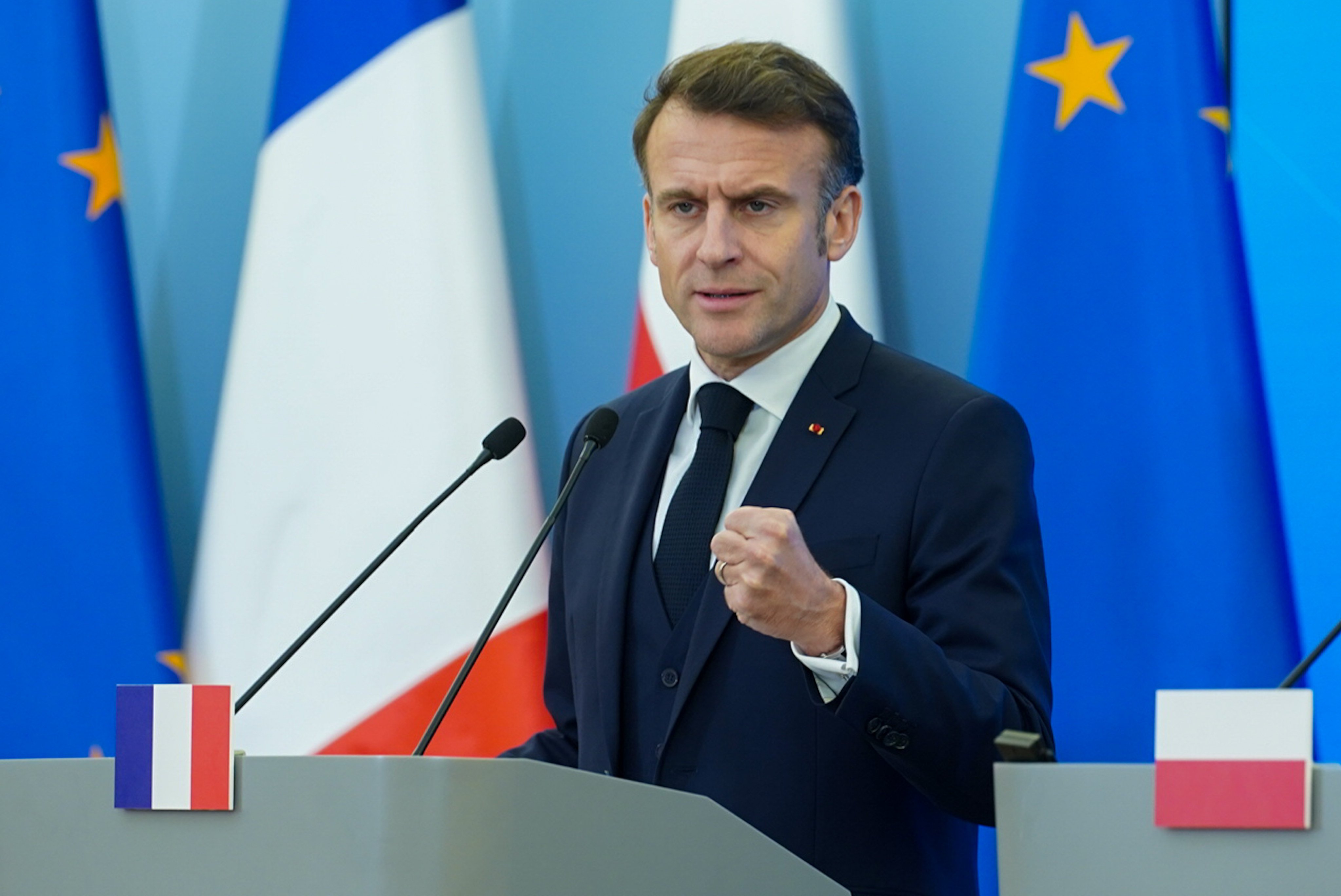 French President Emmanuel Macron speaks at a press conference in Warsaw, Poland, on Thursday. Photo: Zuma Press Wire/dpa