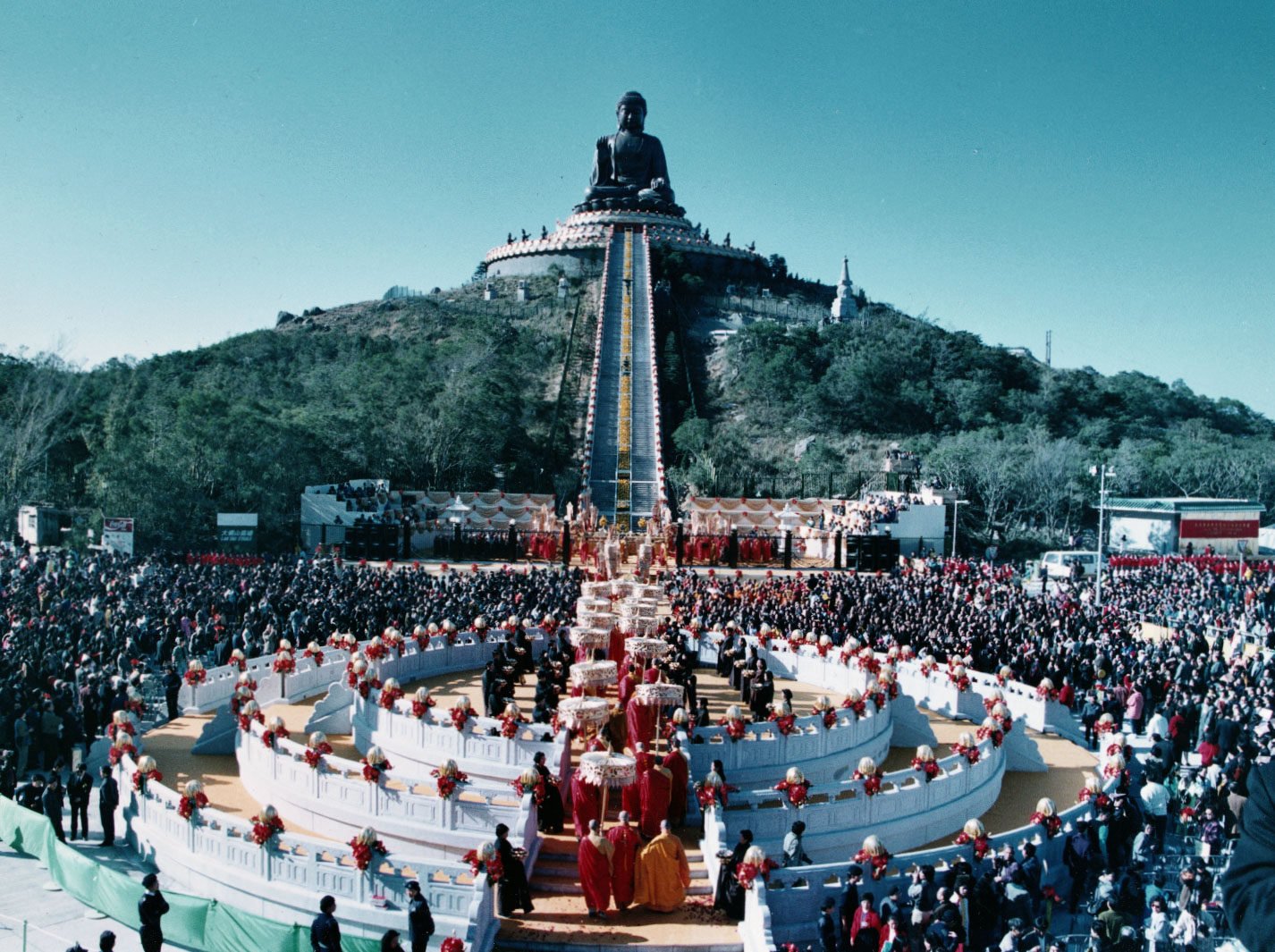 The inaugural ceremony of the Tian Tan Buddha statue rising before the Po Lin Temple on Lantau Island, Hong Kong, in 1993. Photo: SCMP Archives