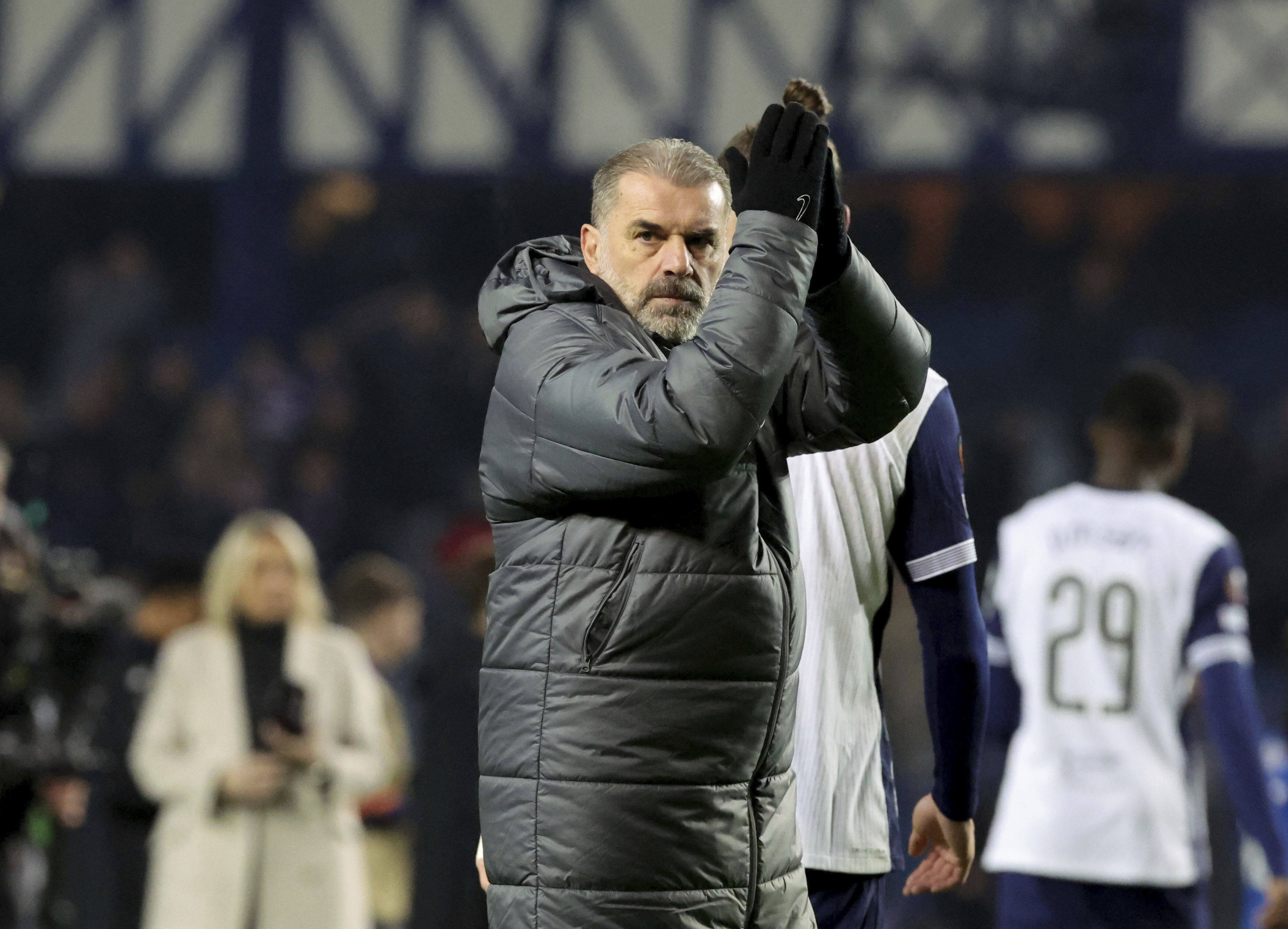 Tottenham boss Ange Postecoglou acknowledges the fans after the ex-Celtic manager’s side draw 1-1 against Rangers at Ibrox in the Uefa Europa League. Photo: AP