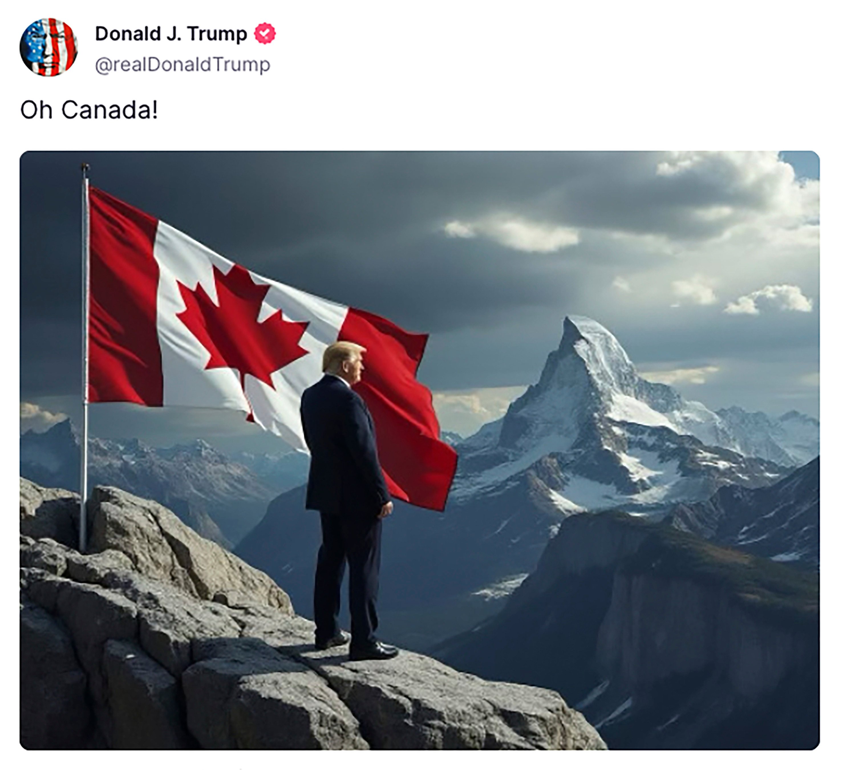 An AI-generated image of Donald Trump standing atop a mountain next to a Canadian flag. Photo: Truth Social via AP