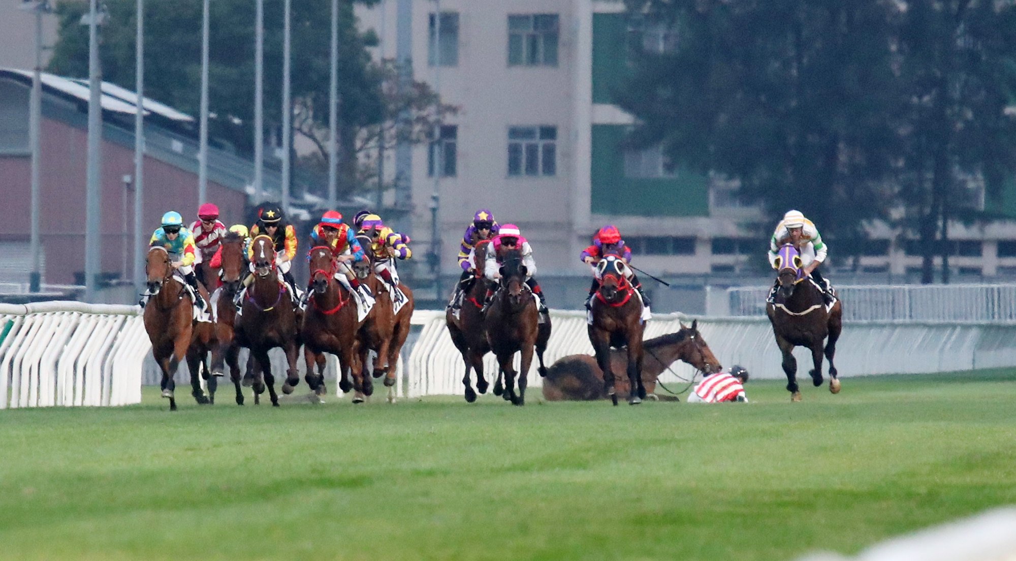 Lyle Hewitson and Joyful Hunter on the Sha Tin turf after Sunday’s fall.