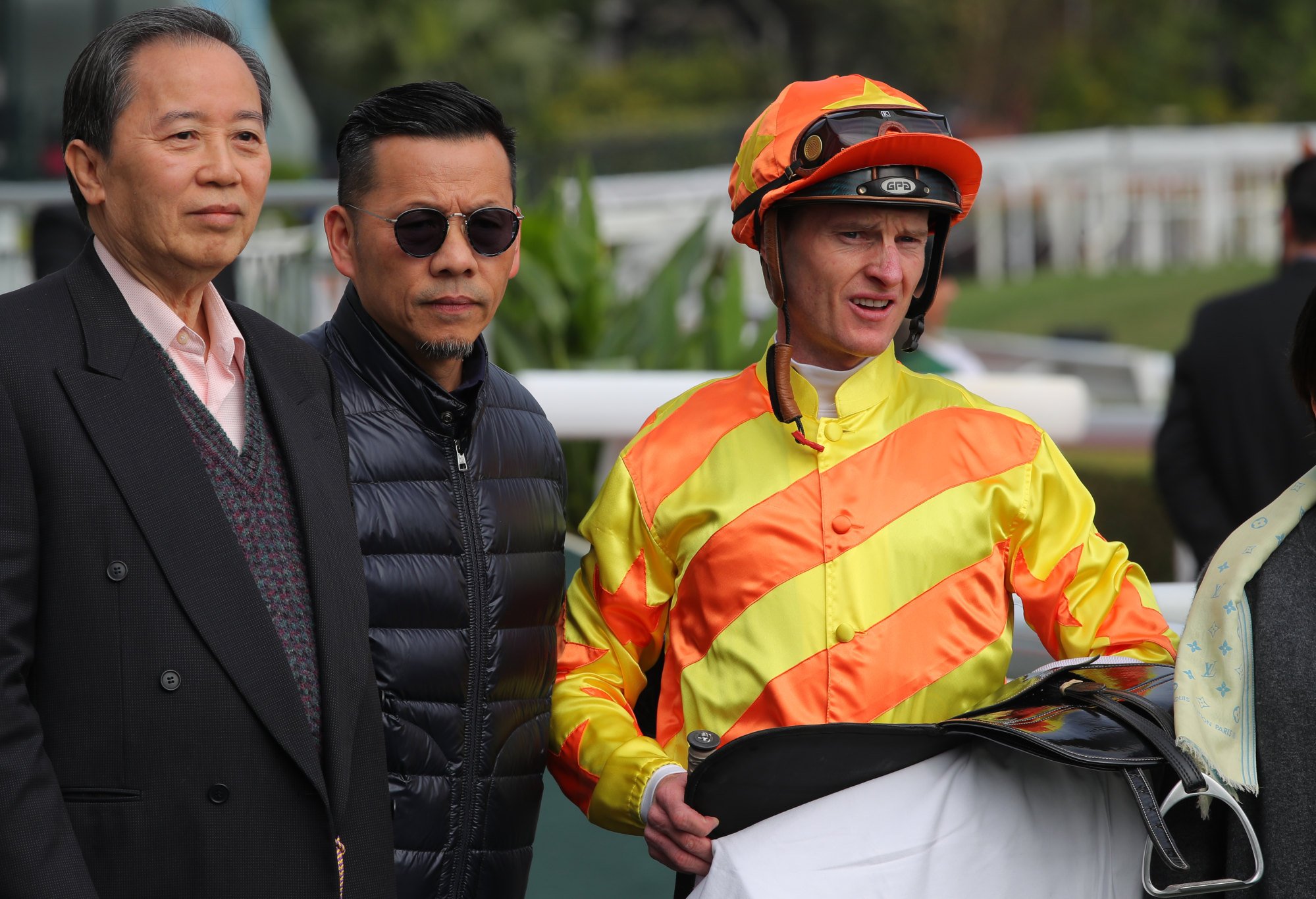 Trainer Frankie Lor (centre) and jockey Zac Purton after Triumphant More’s Sha Tin victory.