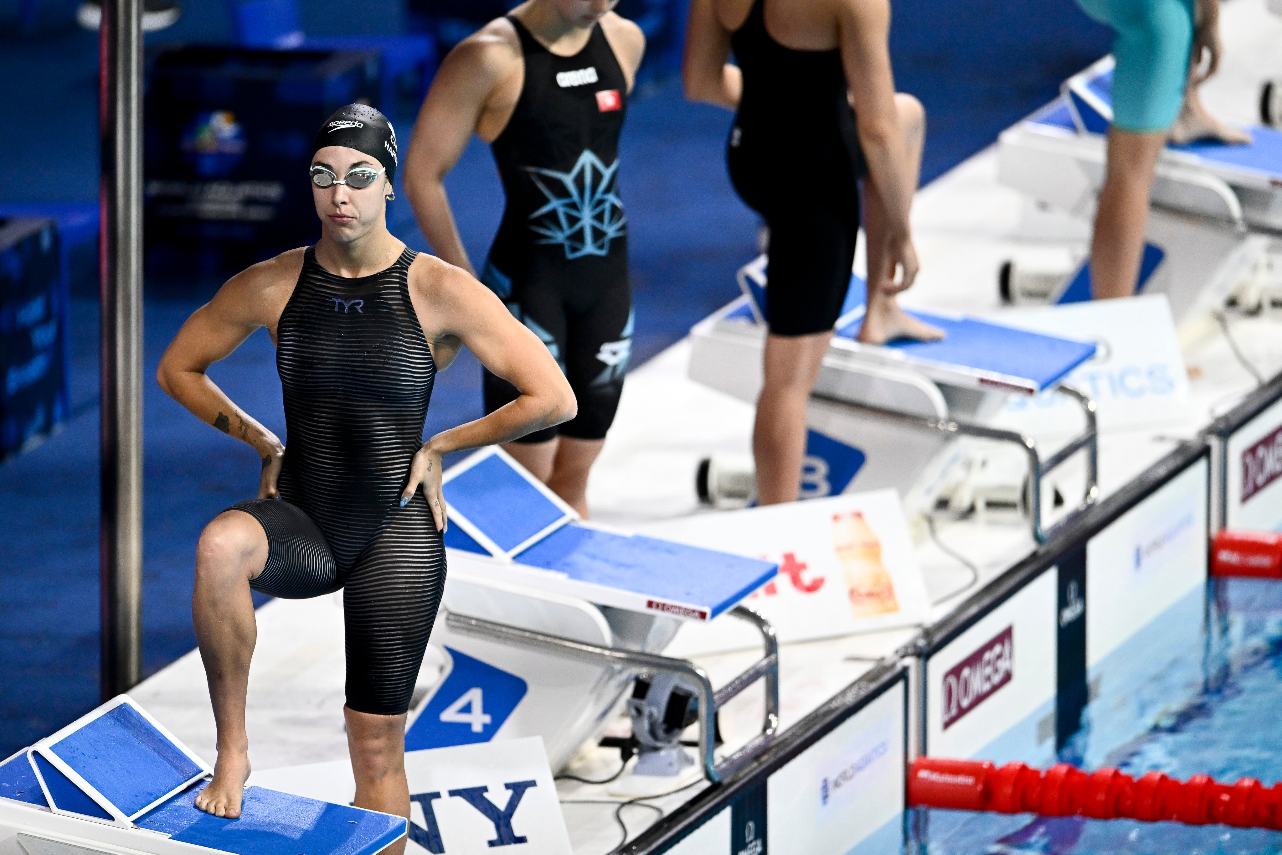 Canada’s Mary-Sophie Harvey, seen here focusing before competing in the 200m freestyle heats, is likely to be Siobhan Haughey’s greatest threat in the final early on Monday. Photo: AP