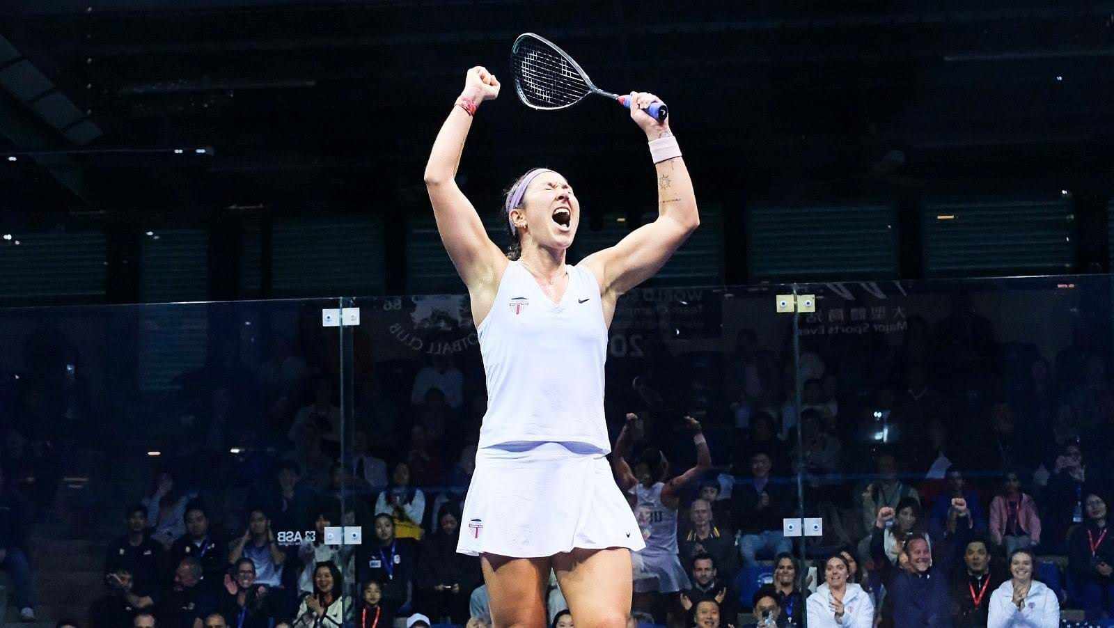 Amanda Sobhy celebrates a victory during this week’s World Squash Team Championships at Hong Kong Football Club. Photo: World Squash Federation