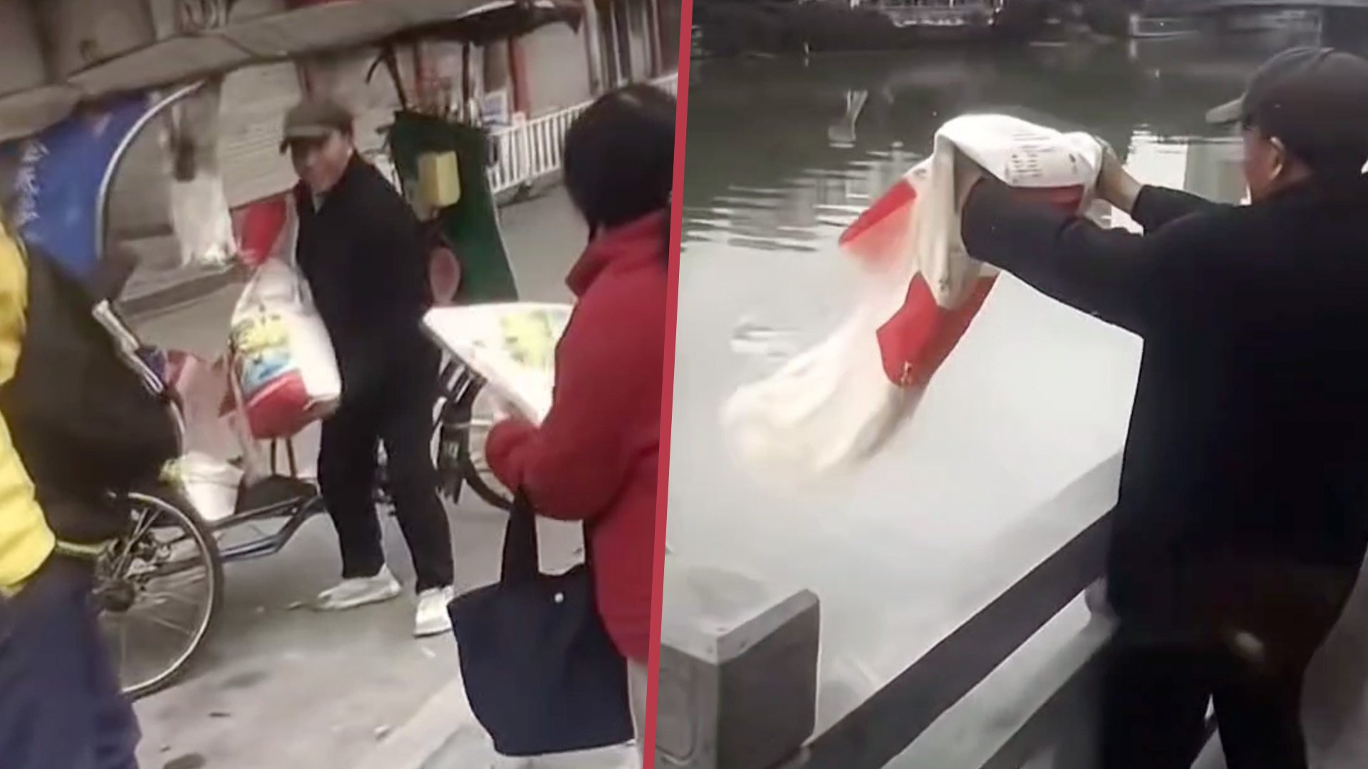 Two individuals in China were caught dumping rice into a river, claiming they were doing “something good”. Photo: SCMP composite/Douyin