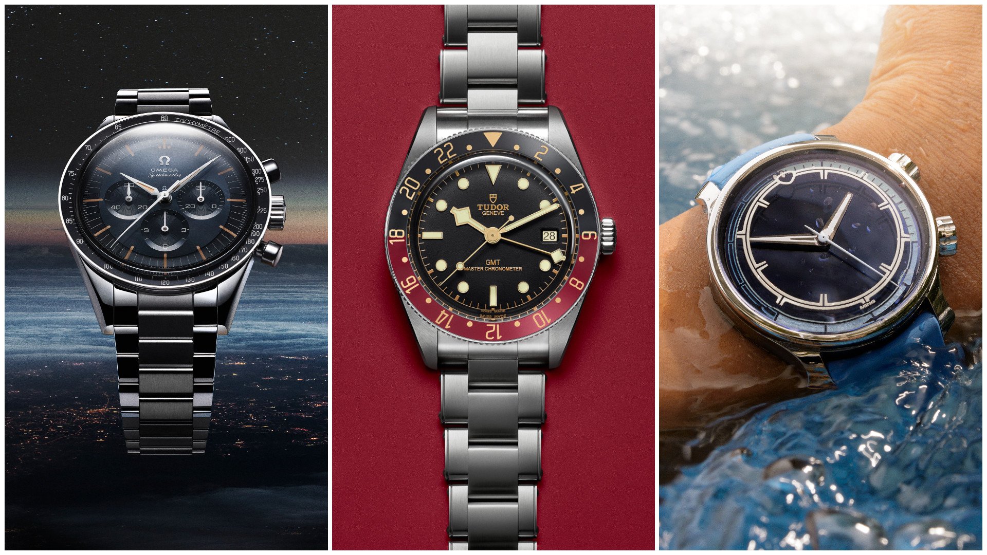 When a watch is also a tool (from left): Omega Speedmaster First Omega in Space, Tudor Black Bay 58 GMT, Ming Bluefin. Photos: Handout