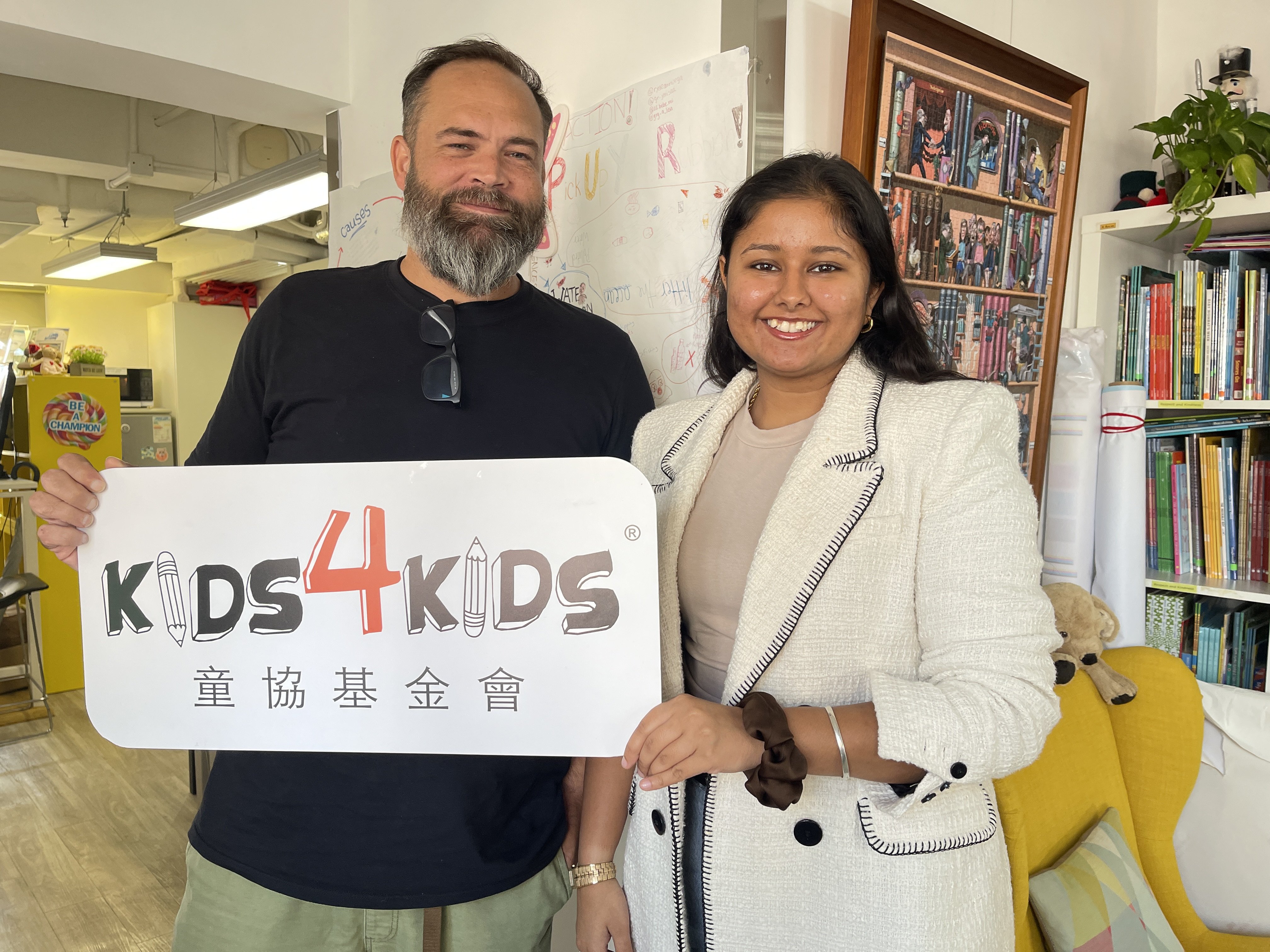 Kids4Kids executive director Matt Coulson (left) and Sakshi Vasudev, an alumna and founder of BamPads. Photo: Cindy Sui