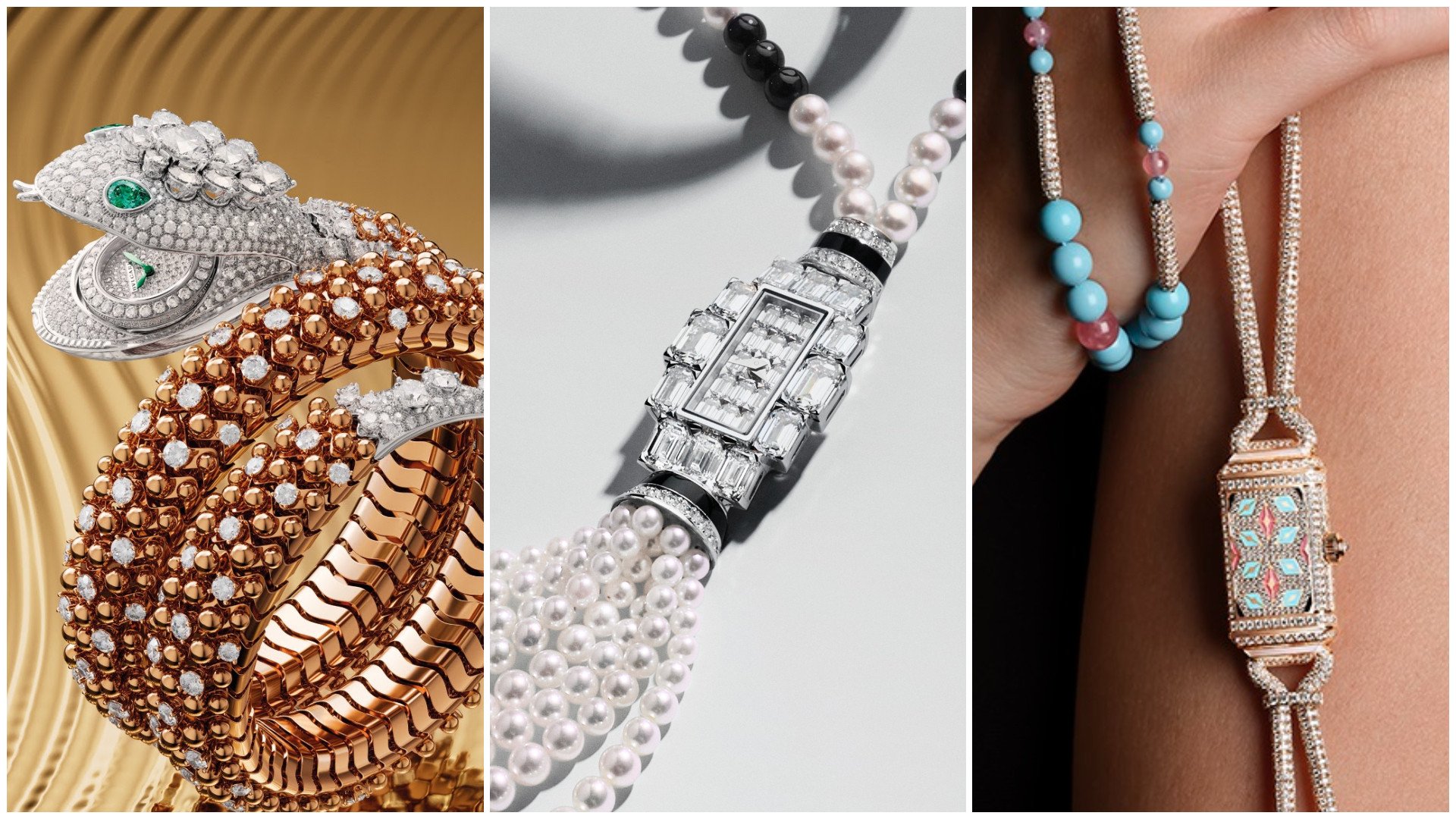 Dazzling designs (from left): Bulgari Serpenti Misteriosi Pallini, Vacheron Constantin Grand Lady Kalla and Jaeger LeCoultre Reverso Secret Necklace. Photos: Handout