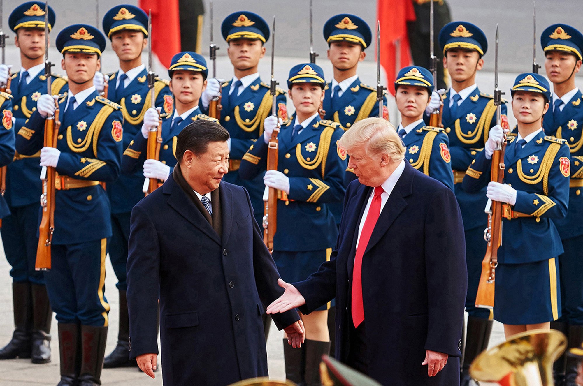 Chinese President Xi Jinping and then US president Donald Trump on November 9, 2017, outside the Great Hall of the People in Beijing. Photo: Tass/Abaca Press/TNS