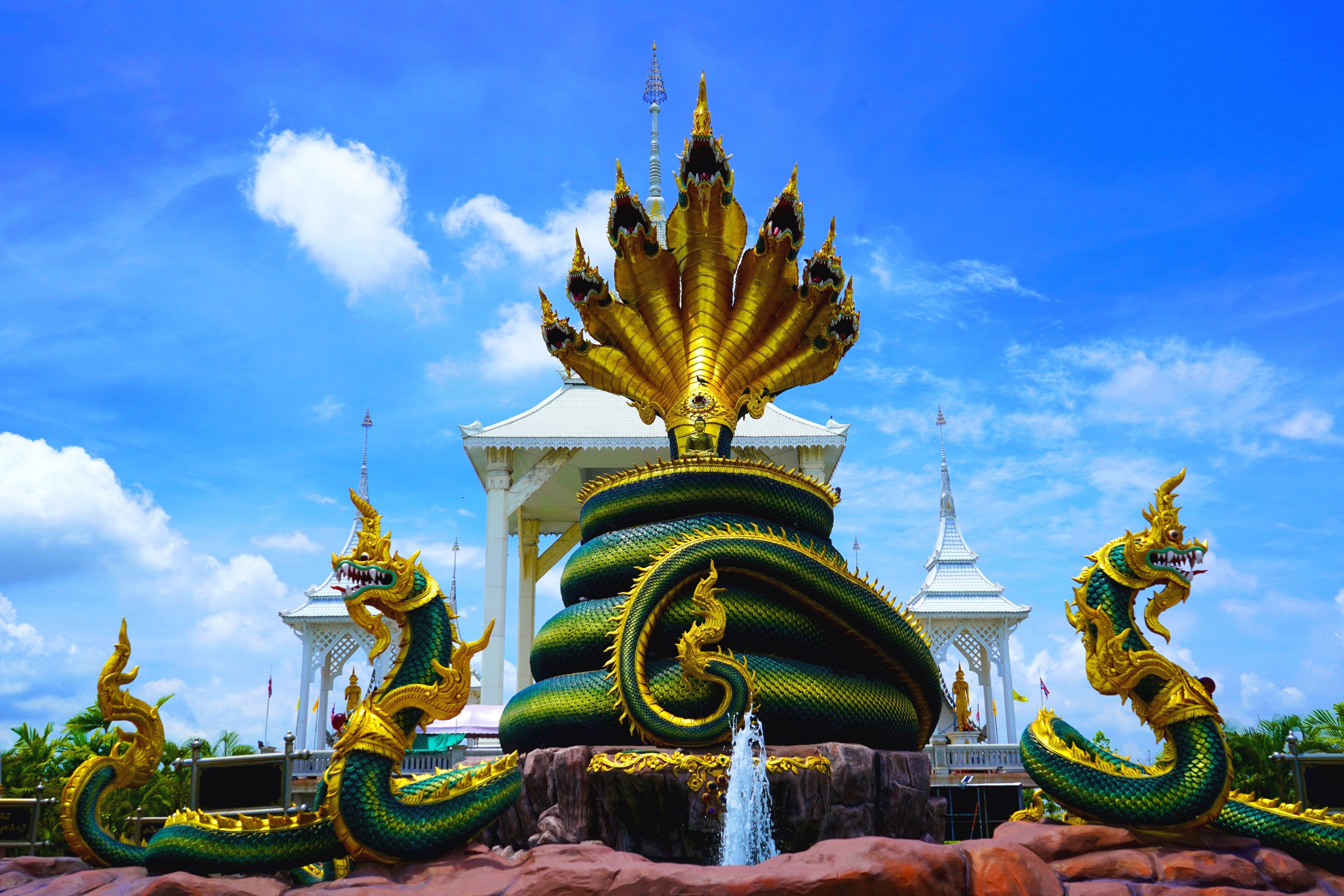 The seven-headed Naga Mucalinda (seen here in Thailand) is King of the Serpents in Buddhist mythology. The snake figure is also worshipped by Hindus. Photo: Shutterstock