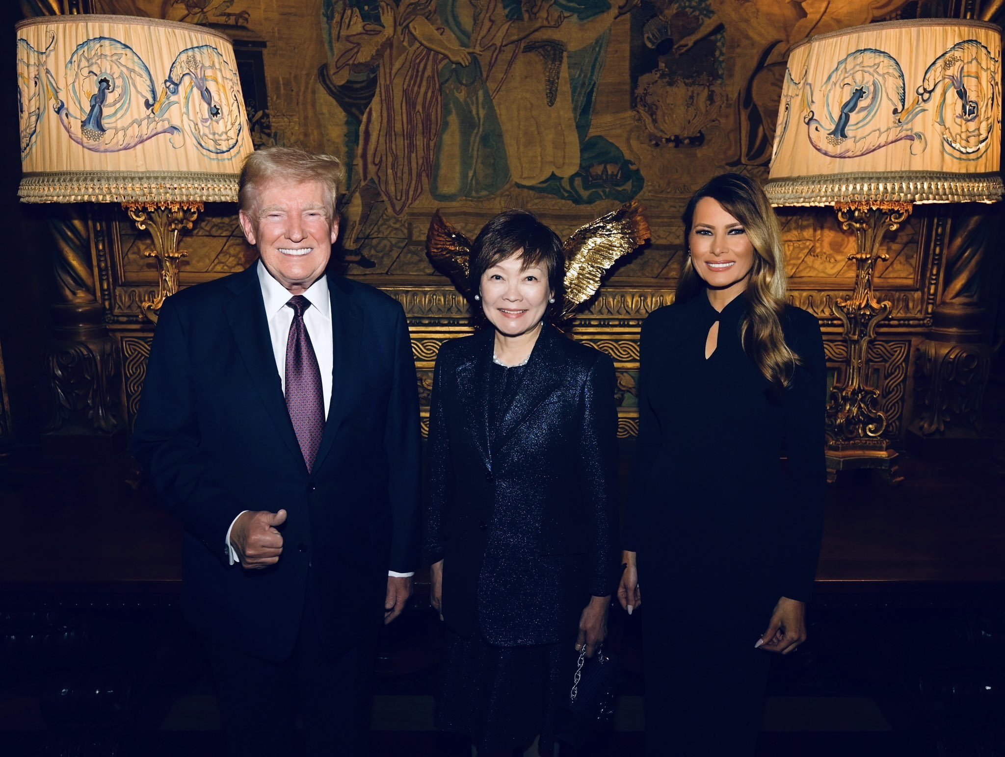 Akie Abe (centre) pictured with Donald and Melania Trump at Mar-a-Lago on Sunday. Photo:X/MelaniaTrump