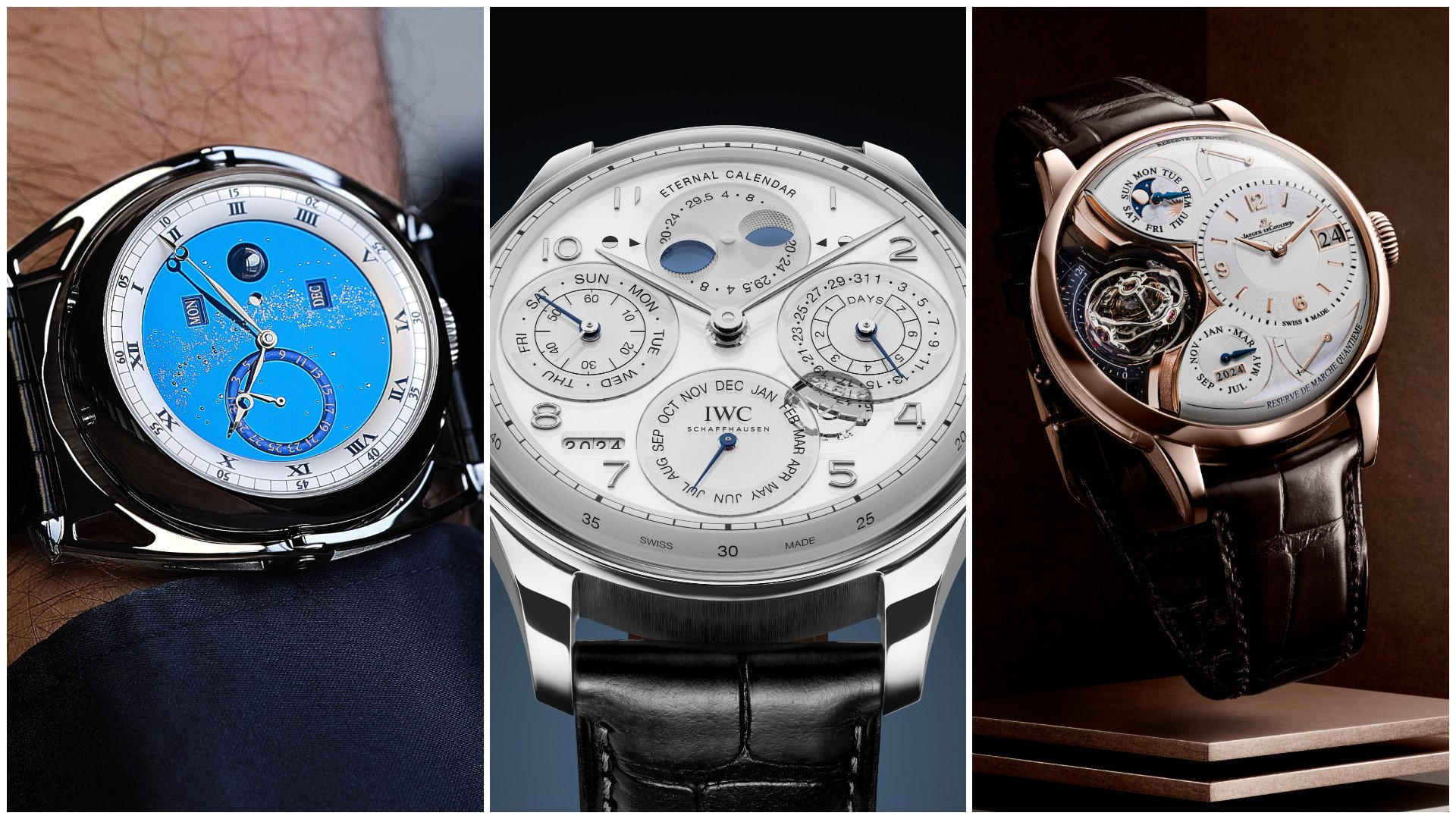 Pushing boundaries (from left): De Bethune Kind of Grande Complication, IWC Portugeisier Eternal Calendar, Jaeger LeCoultre Duometre Heliotourbillon. Photos: Handout