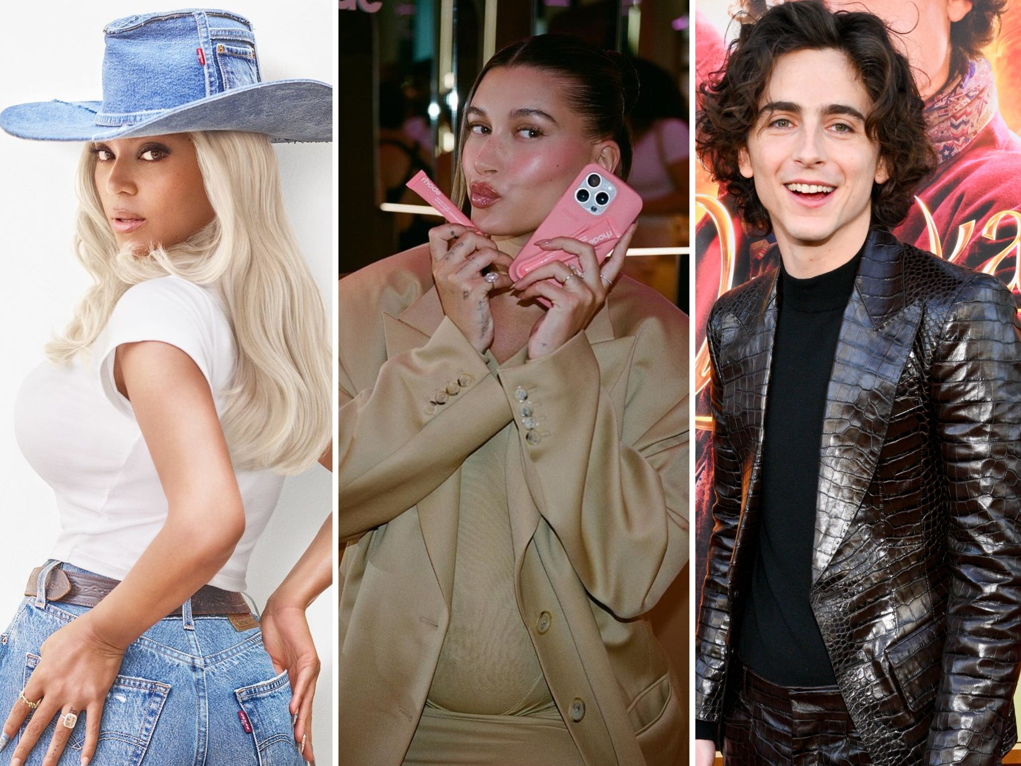 Beyoncé, Hailey Bieber and Timothée Chalamet all drove trends in 2024. Photo: Handouts, Getty Images via Variety