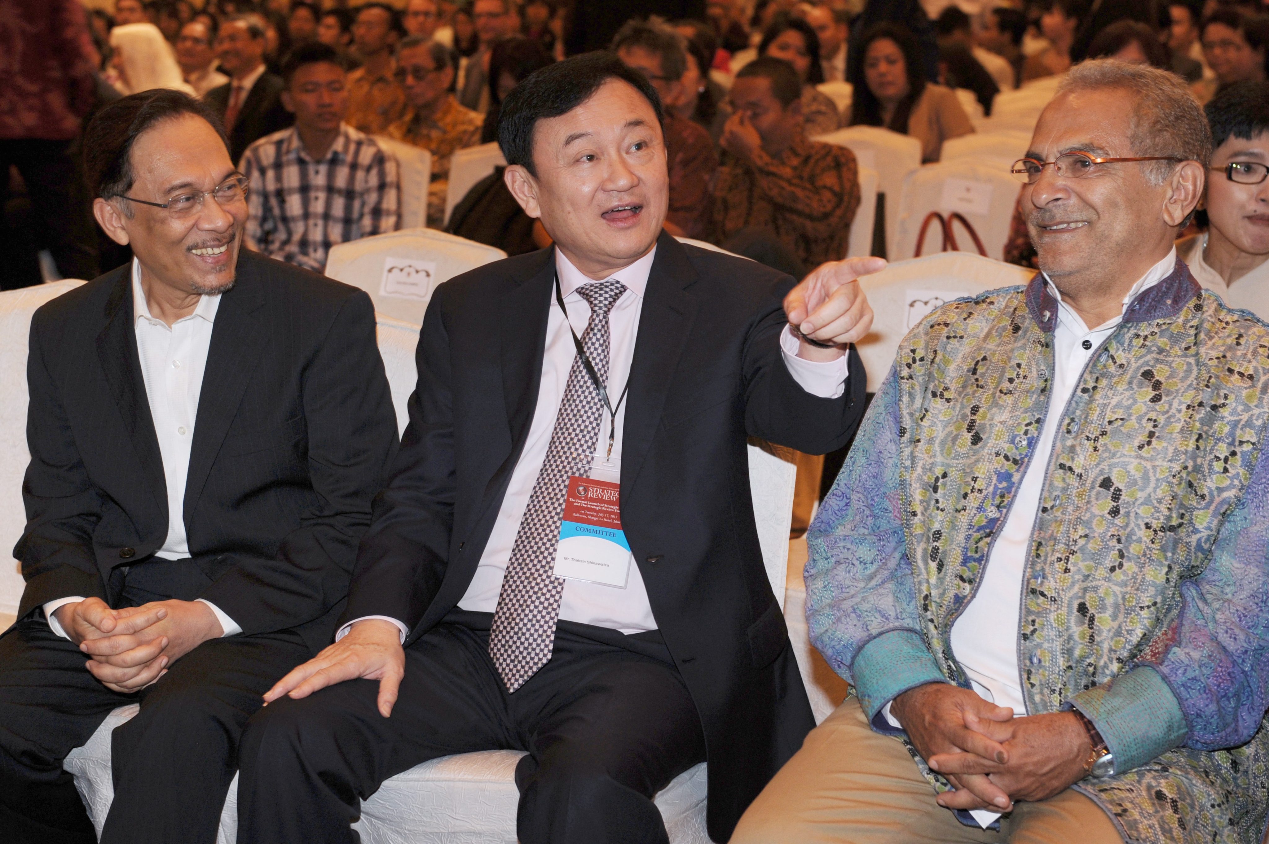 Malaysia’s Anwar Ibrahim (left) with Thaksin Shinawatra at an event in Jakarta in 2012. Photo: AFP