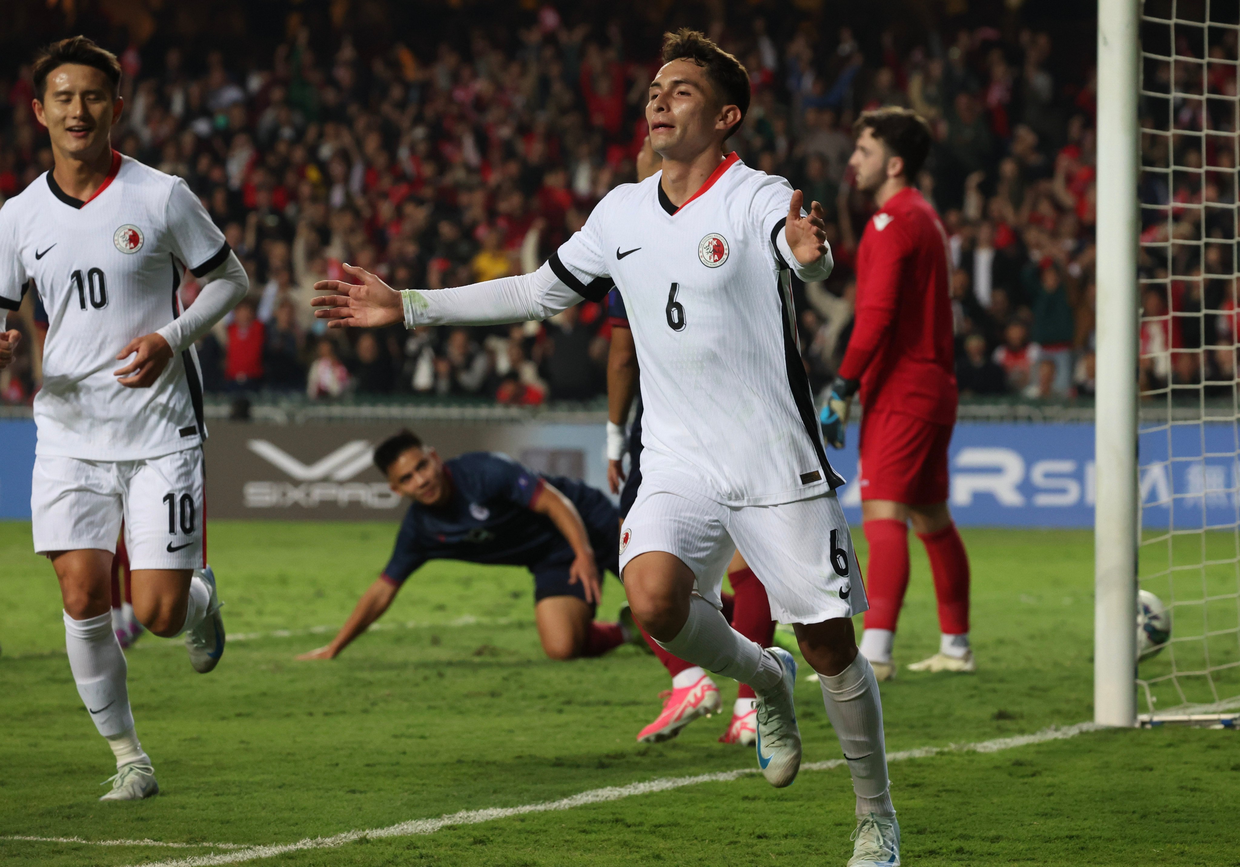 Nicolas Benavides celebrates scoring against Guam at Hong Kong Stadium. Photo: Dickson Lee