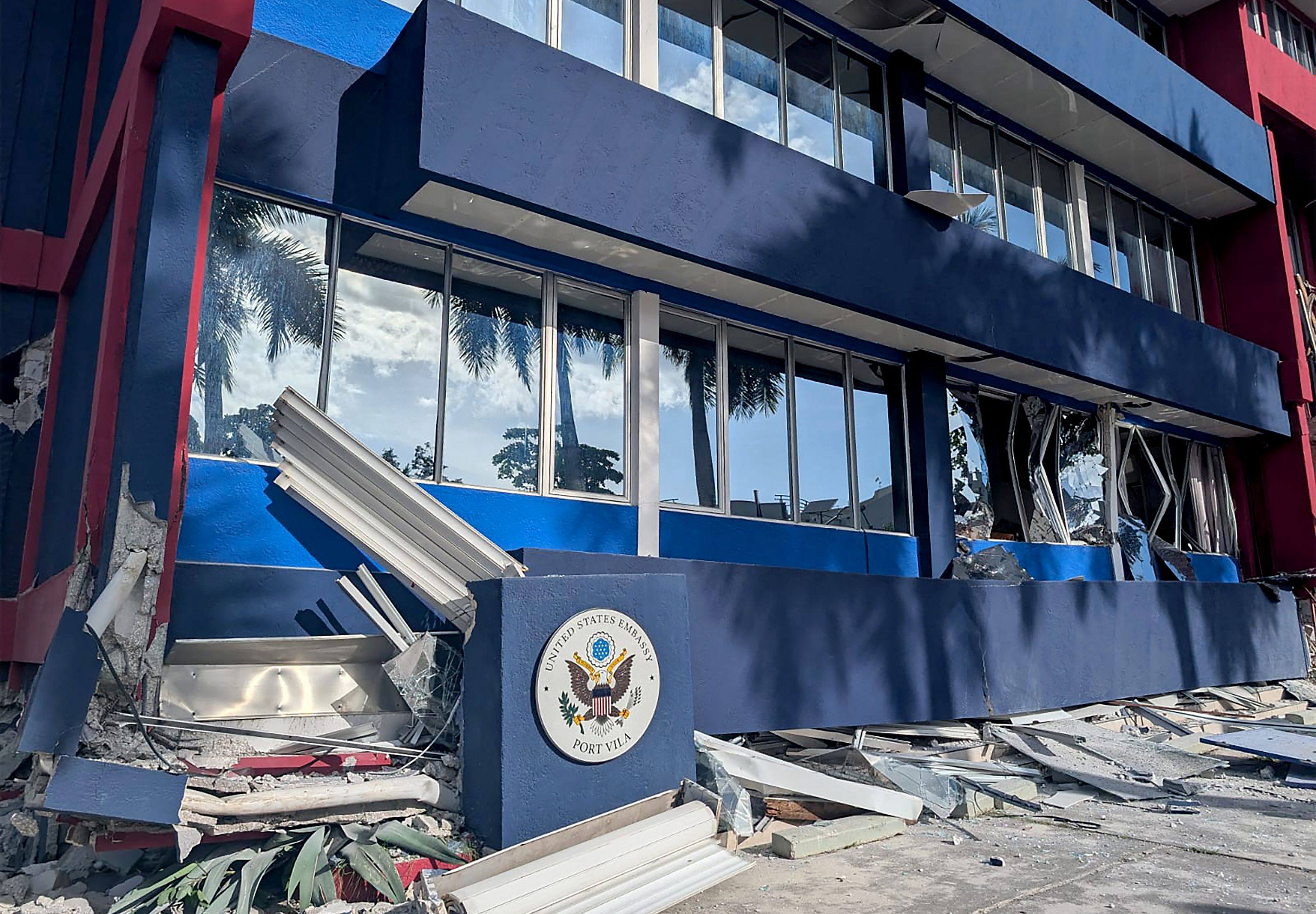 A severely damaged building housing the embassies of the US, Britain and New Zealand is seen after a powerful earthquake struck Port Vila, the capital city of Vanuatu, on Tuesday. Photo: AFP