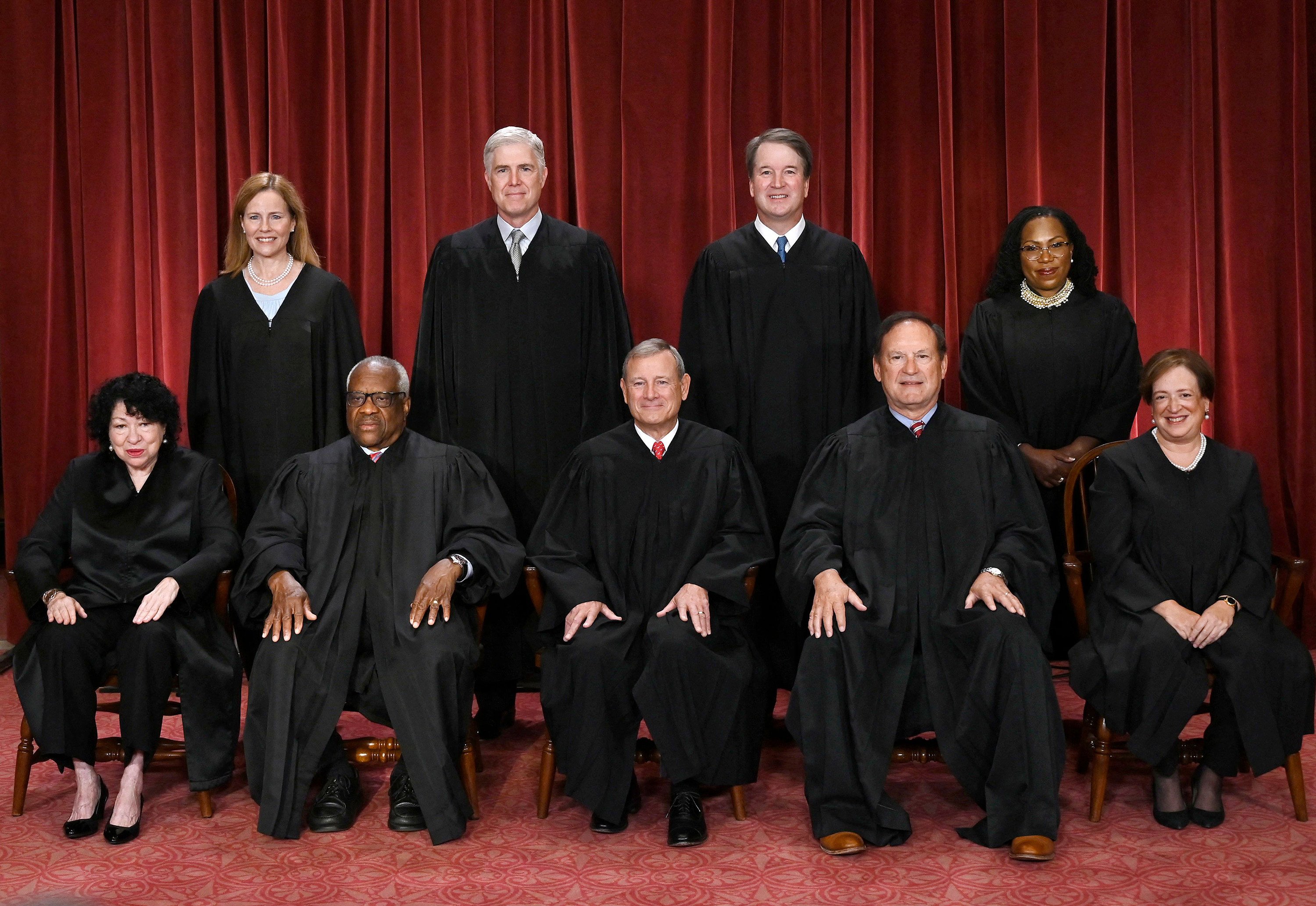 US Supreme Court justices (front row, from left): Sonia Sotomayor, Clarence Thomas, John Roberts, Samuel Alito, Elena Kagan, (back row, from left) Amy Coney Barrett, Neil Gorsuch, Brett Kavanaugh and Ketanji Brown Jackson. Photo: AFP/Getty Images/TNS