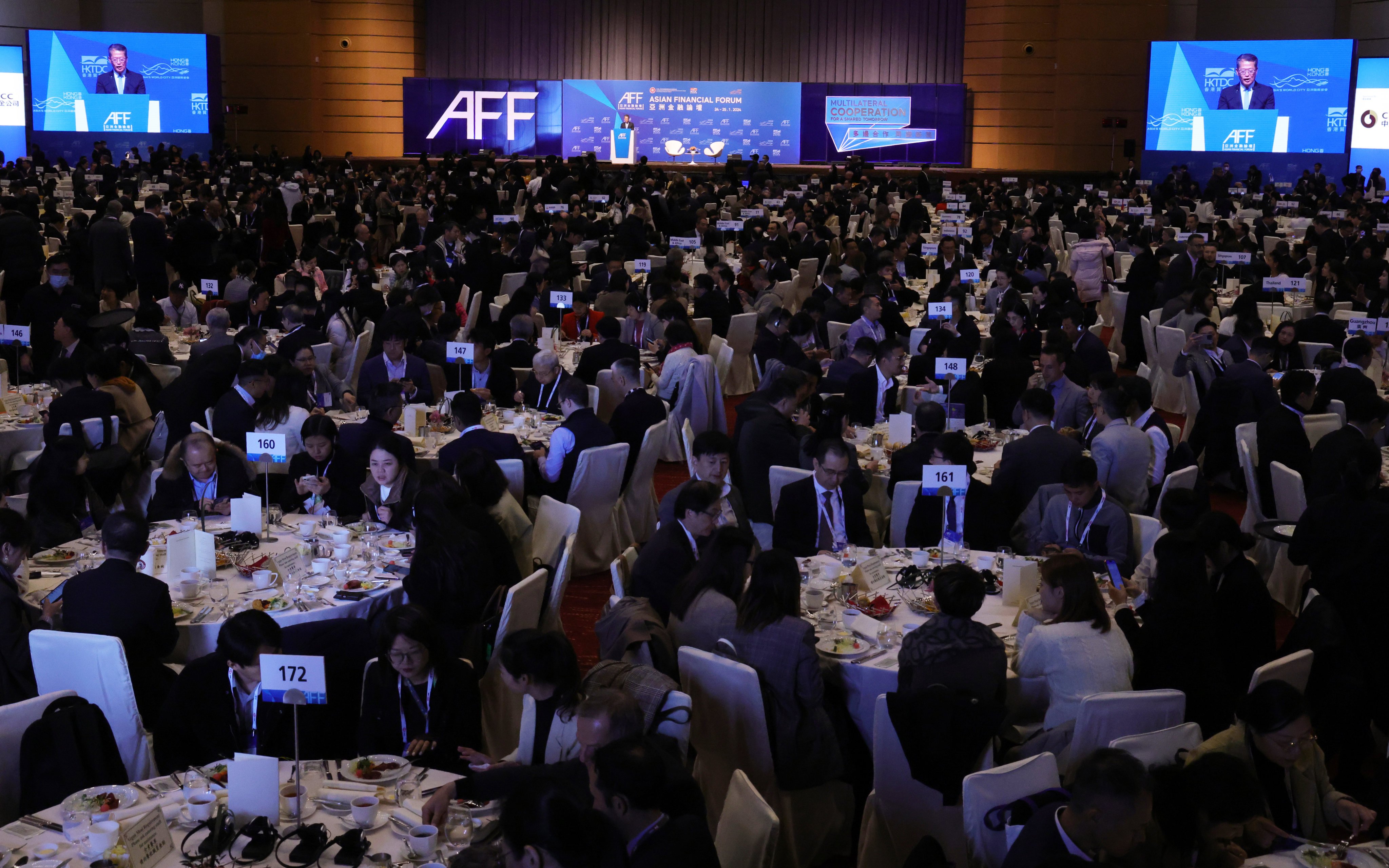 Paul Chan Mo-po, Hong Kong’s financial secretary, welcomes attendees to the 17th Asian Financial Forum 2024 at the Hong Kong Convention and Exhibition Centre in Wan Chai on January 24, 2024. Photo: May Tse