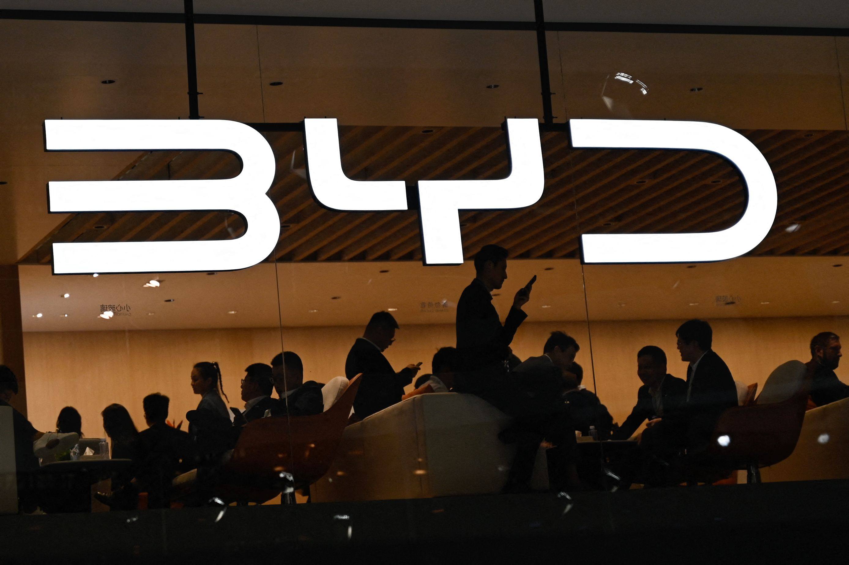 The BYD logo displayed at the Beijing Auto Show on April 25. Photo: AFP