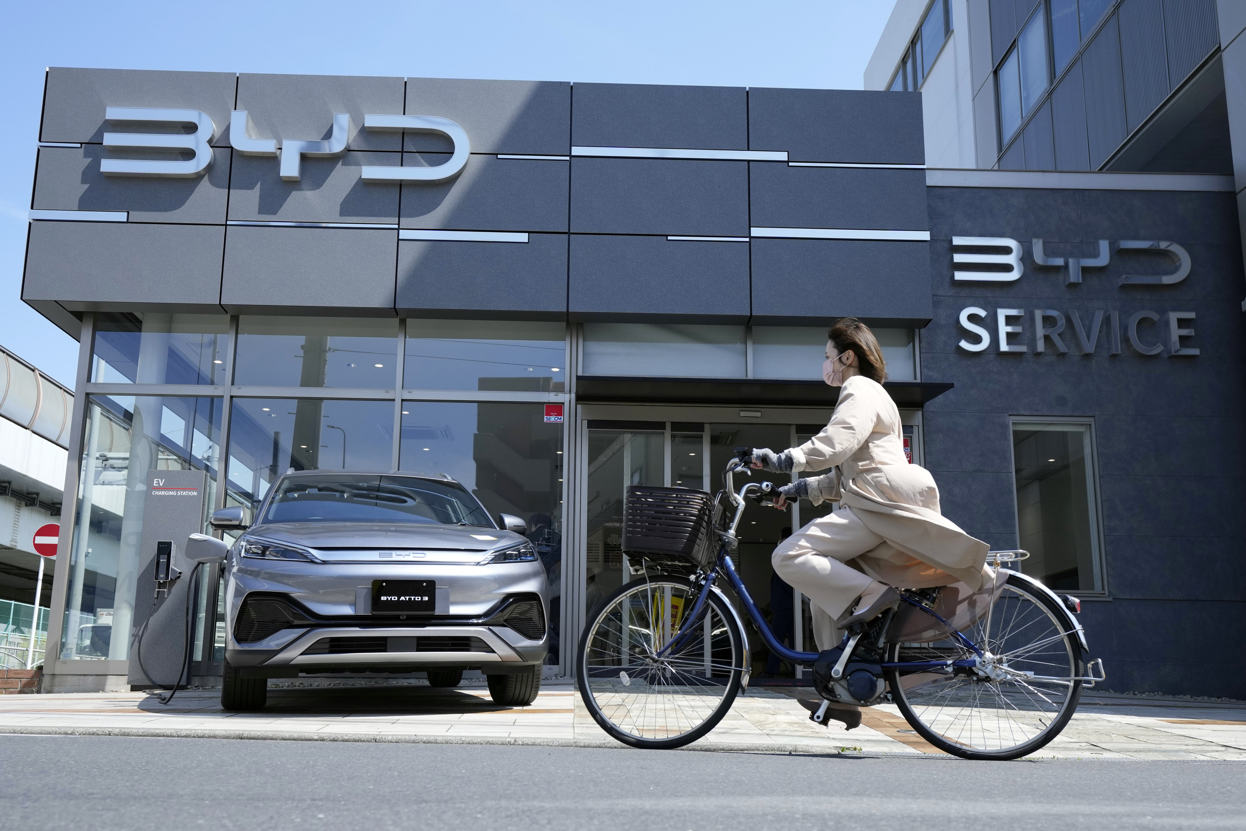 BYD’s dealership in Yokohama, the home base of Nissan Motor, on April 3, 2023. Photo: AP