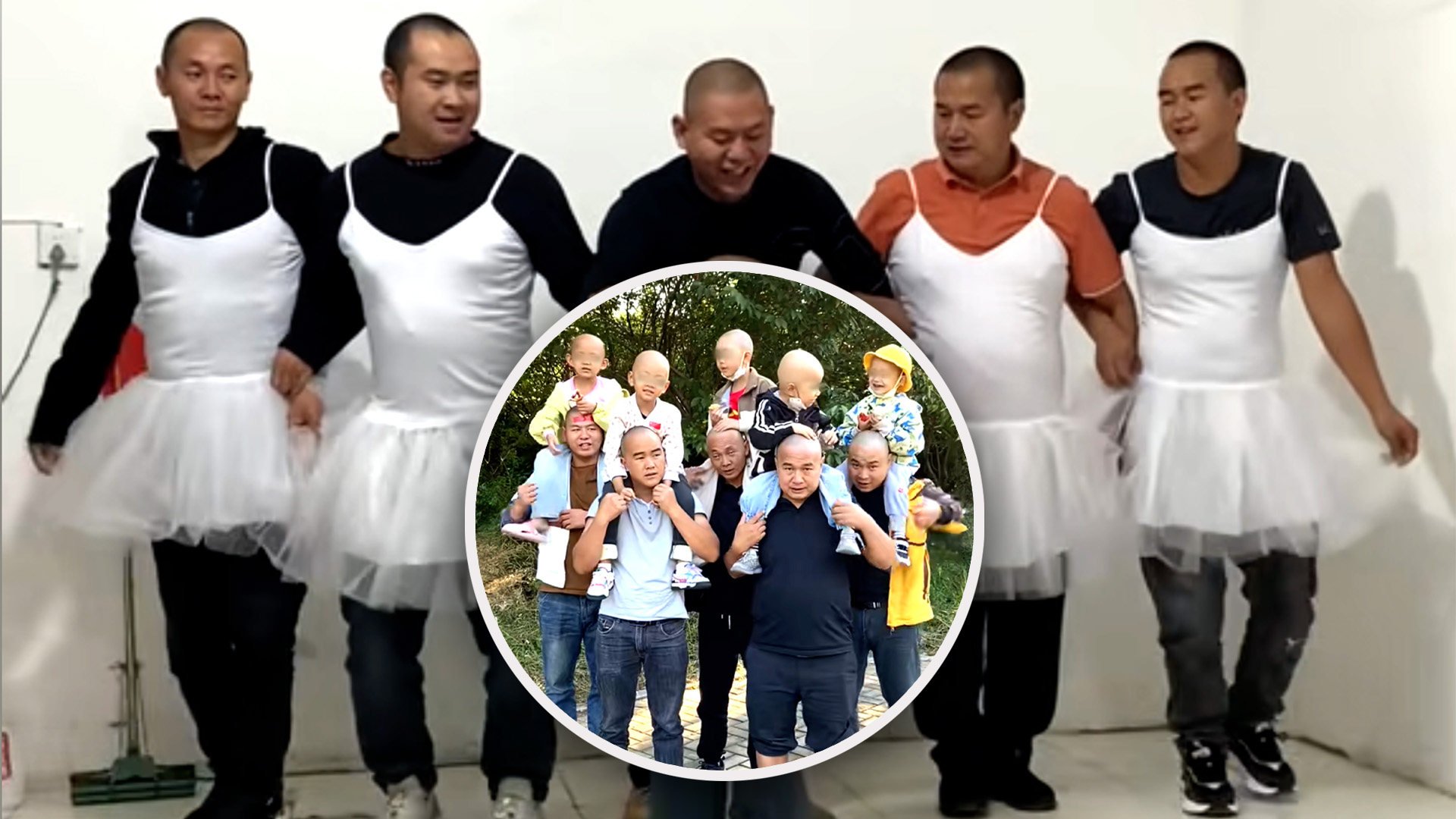 Five shaven-headed dads in China have donned tutus to perform silly dances to raise cash for their cancer-hit kids. Photo: SCMP composite/Douyin