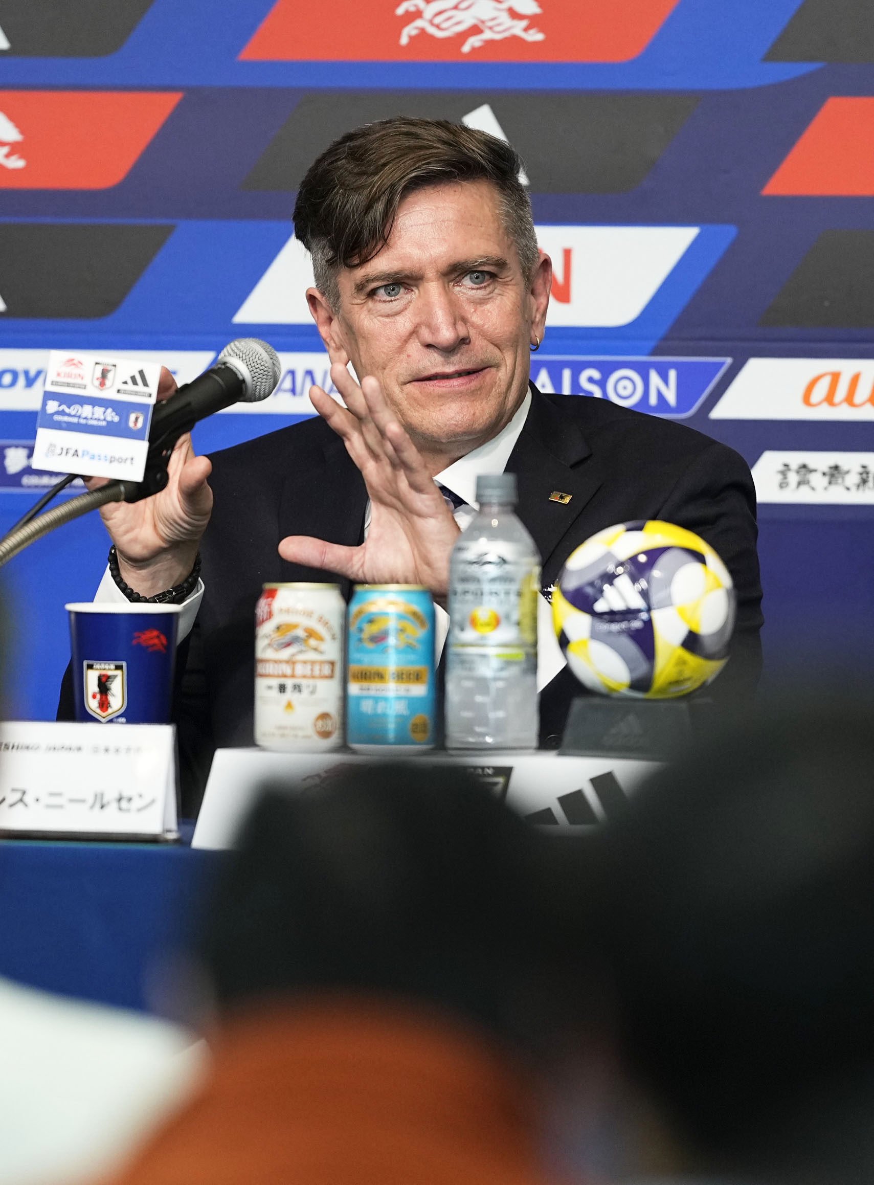 The Greenland-born Nielsen, speaking at his first  press conference in Tokyo on Wednesday, pledged to help Japan become more than just dangerous dark horses. Photo: Kyodo